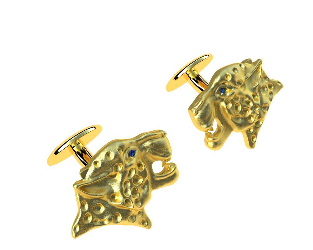 18 Karat Yellow Gold Blue Sapphire Leopard Cufflinks, These come from my Feline Collection. I am fascinated with all kinds of wild cats. The leopard can reach a speed of 60 kph  or 40 mph, but only for a limited time before overheating.  These