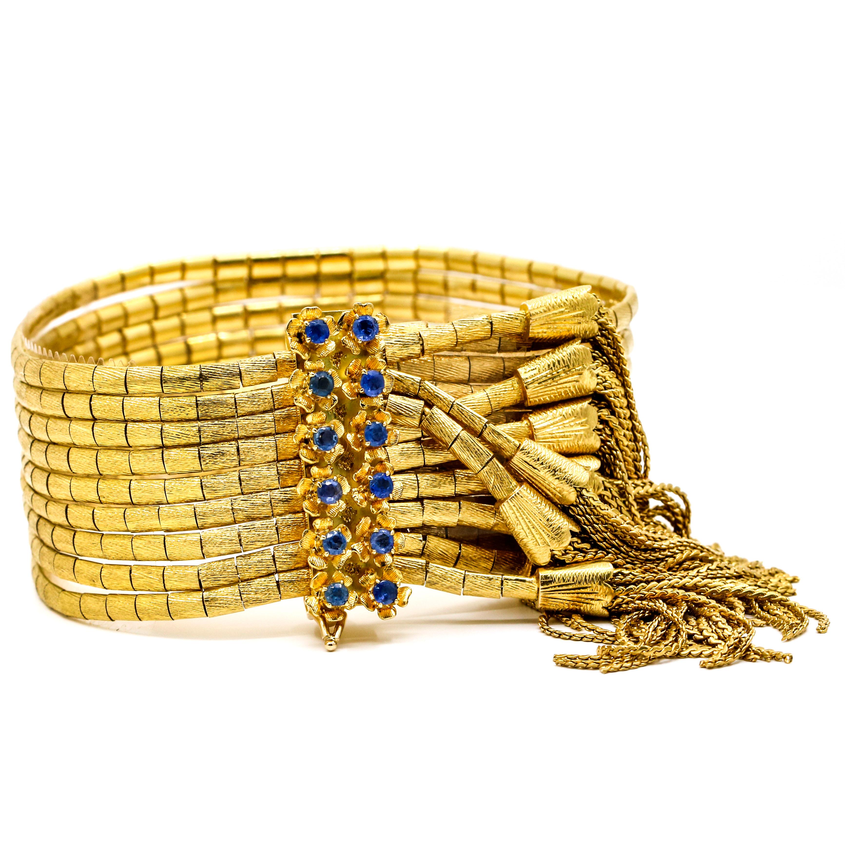 Round Cut 18 Karat Yellow Gold Sapphire Multi-Strand Bracelet For Sale