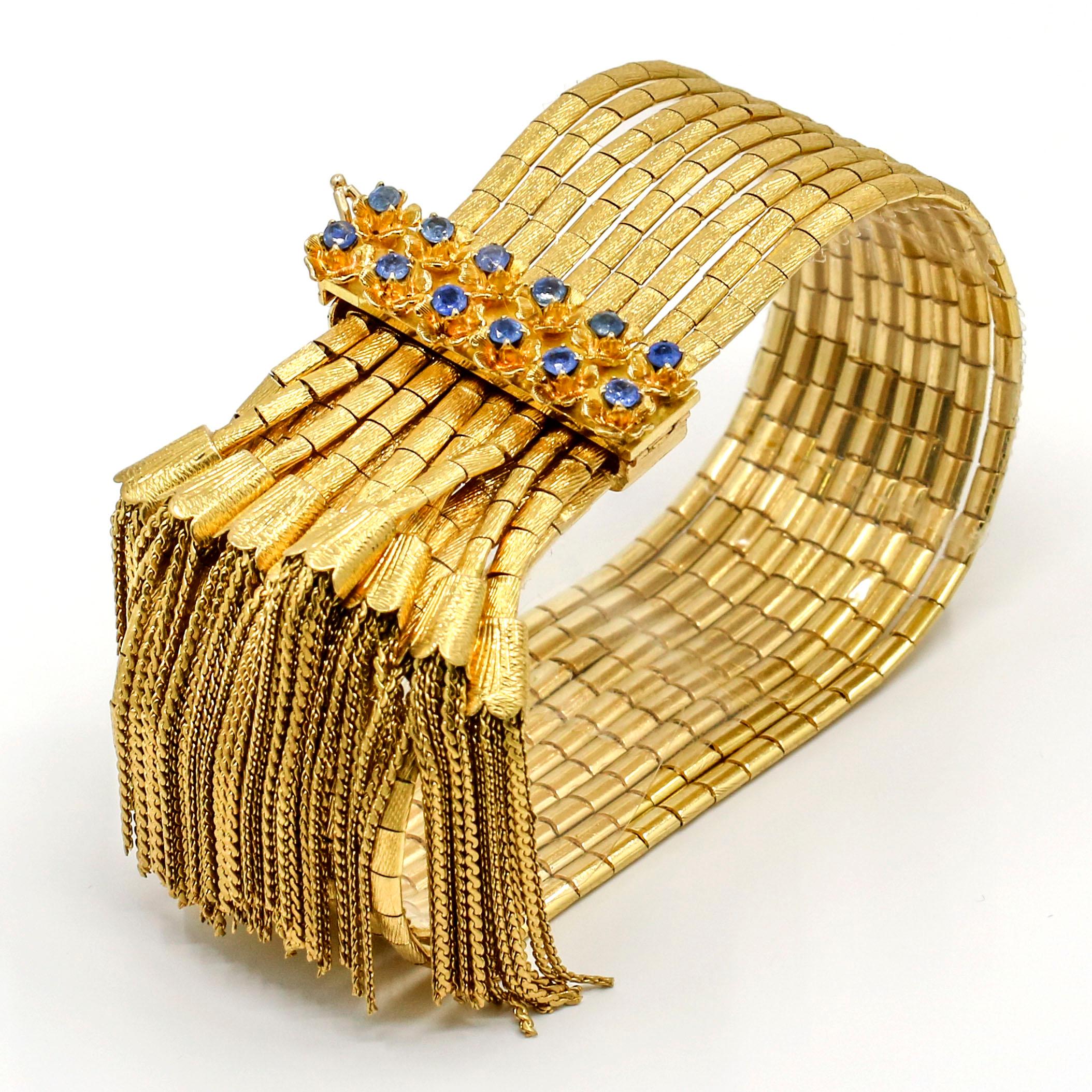 Women's or Men's 18 Karat Yellow Gold Sapphire Multi-Strand Bracelet For Sale