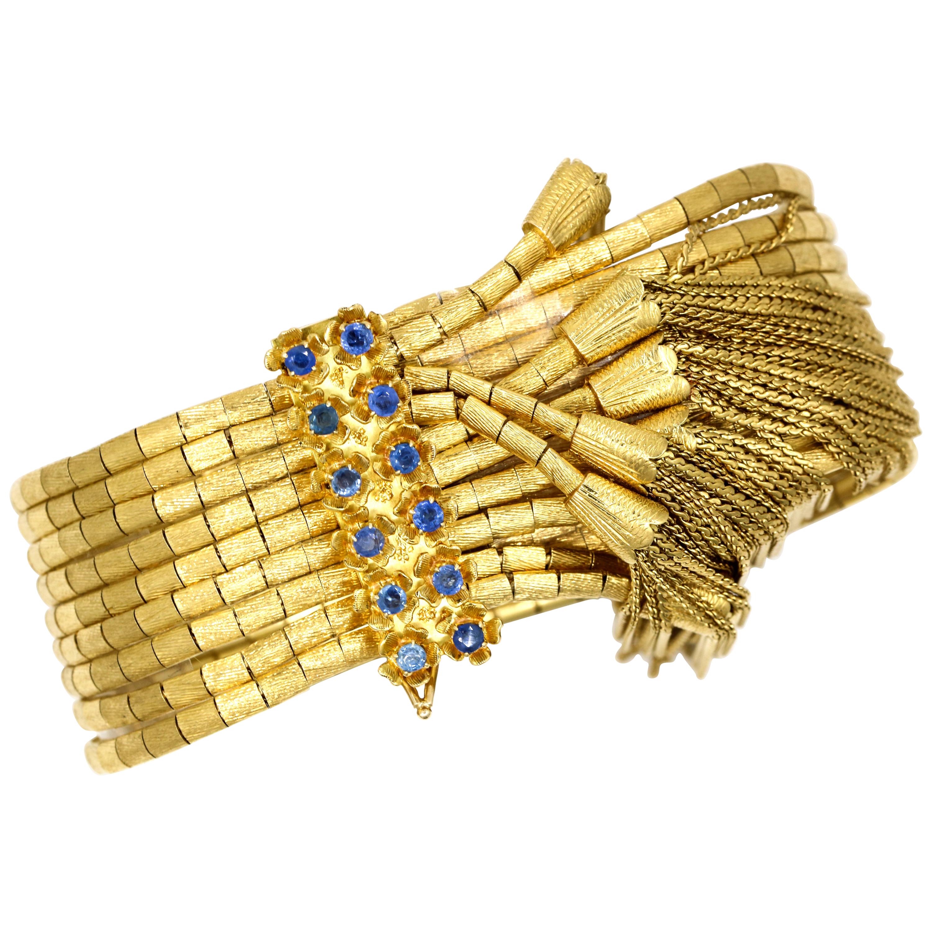 18 Karat Yellow Gold Sapphire Multi-Strand Bracelet For Sale