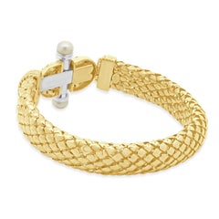 18 Karat Yellow Gold Sapphire & Pearl Mesh Bracelet