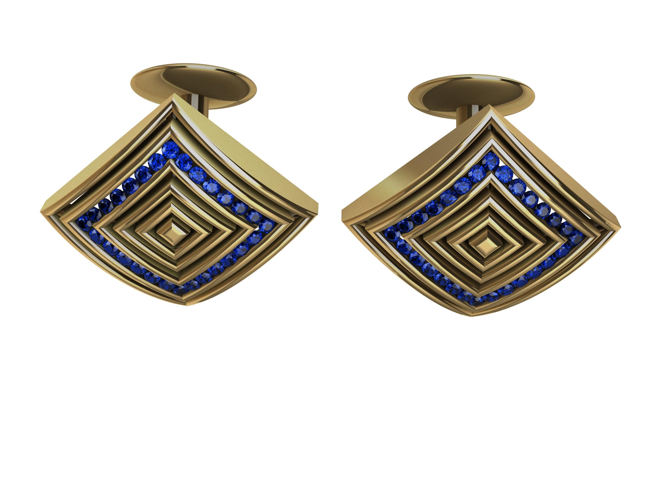 18 Karat Yellow Gold Sapphires Rhombus Cufflinks 
 From the Air Cooled Series. I designed rings from this shape. Now cuff links. Inspired by light, and air movement . Simple domed rhombus shape with repeating rows to create a playfulness with the