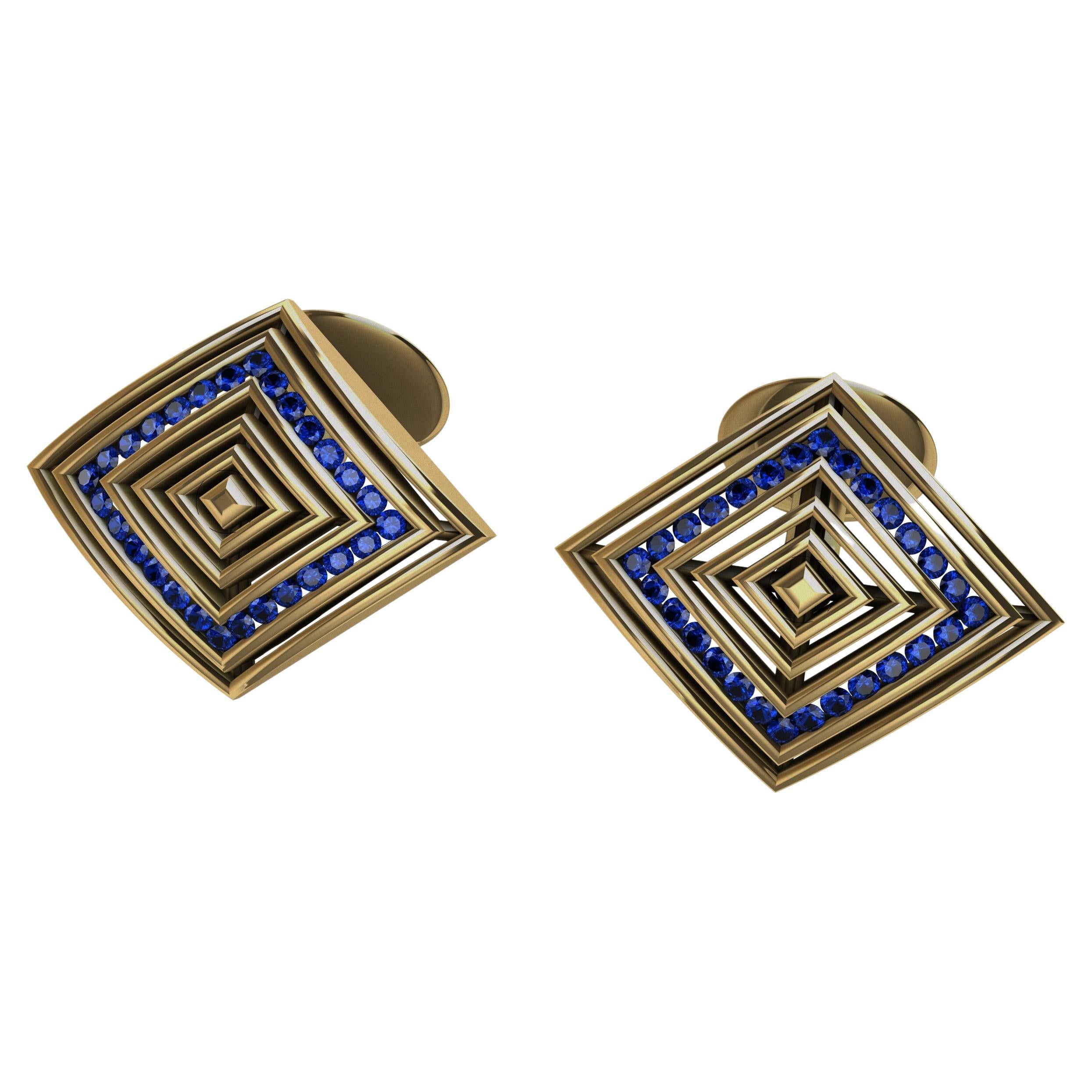 18 Karat Yellow Gold Sapphire Rhombus Cuff Links  For Sale