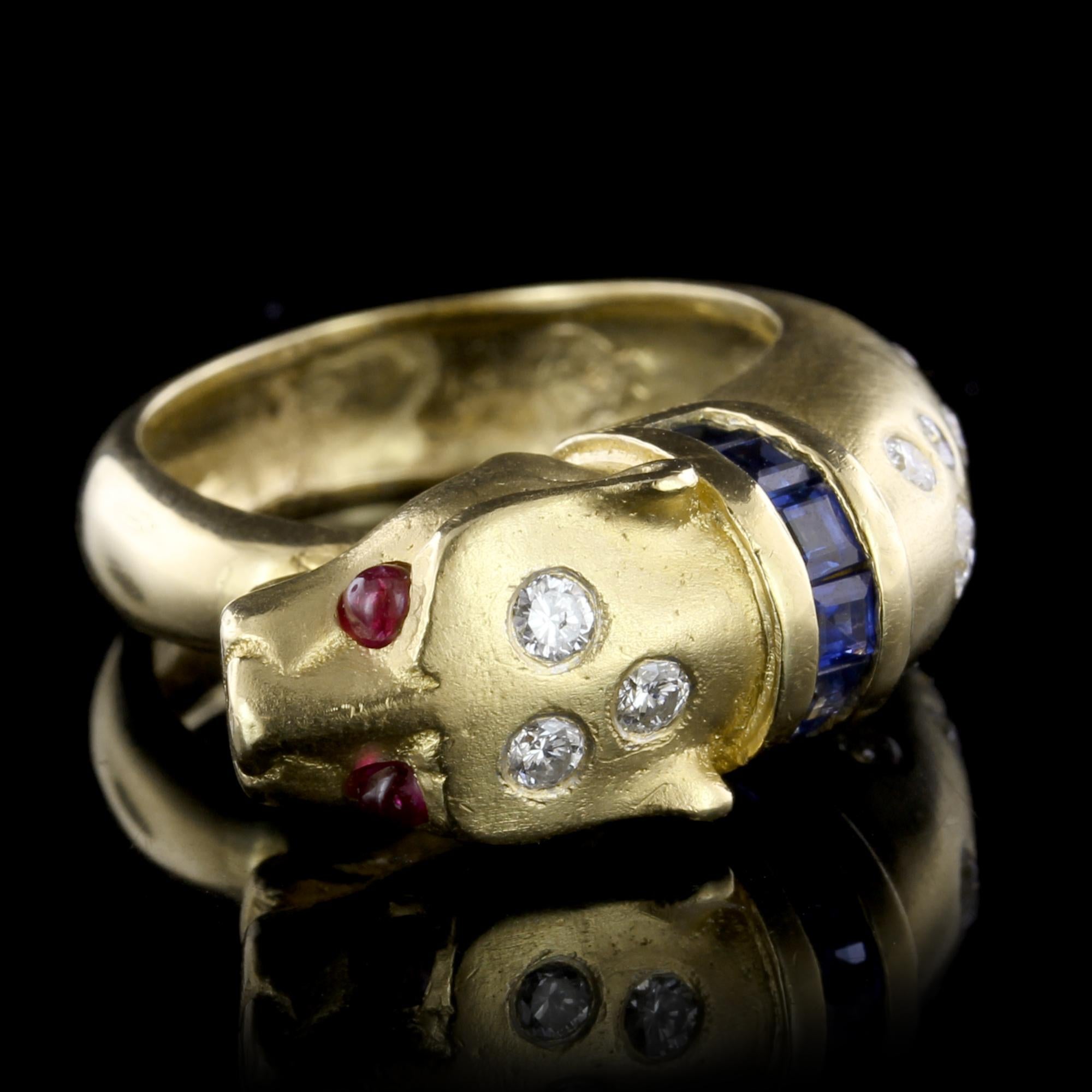 Contemporary 18 Karat Yellow Gold Sapphire, Ruby and Diamond Lion Head Ring