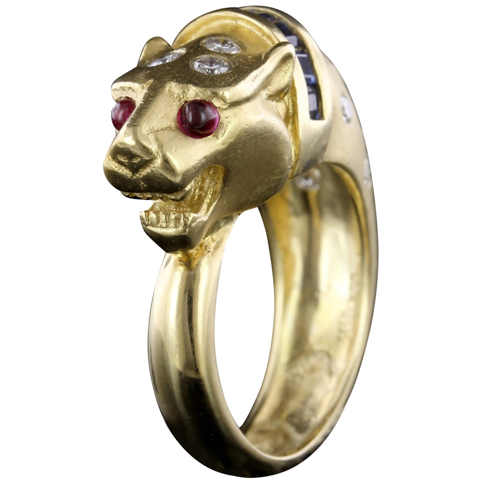 18 Karat Yellow Gold Sapphire, Ruby and Diamond Lion Head Ring