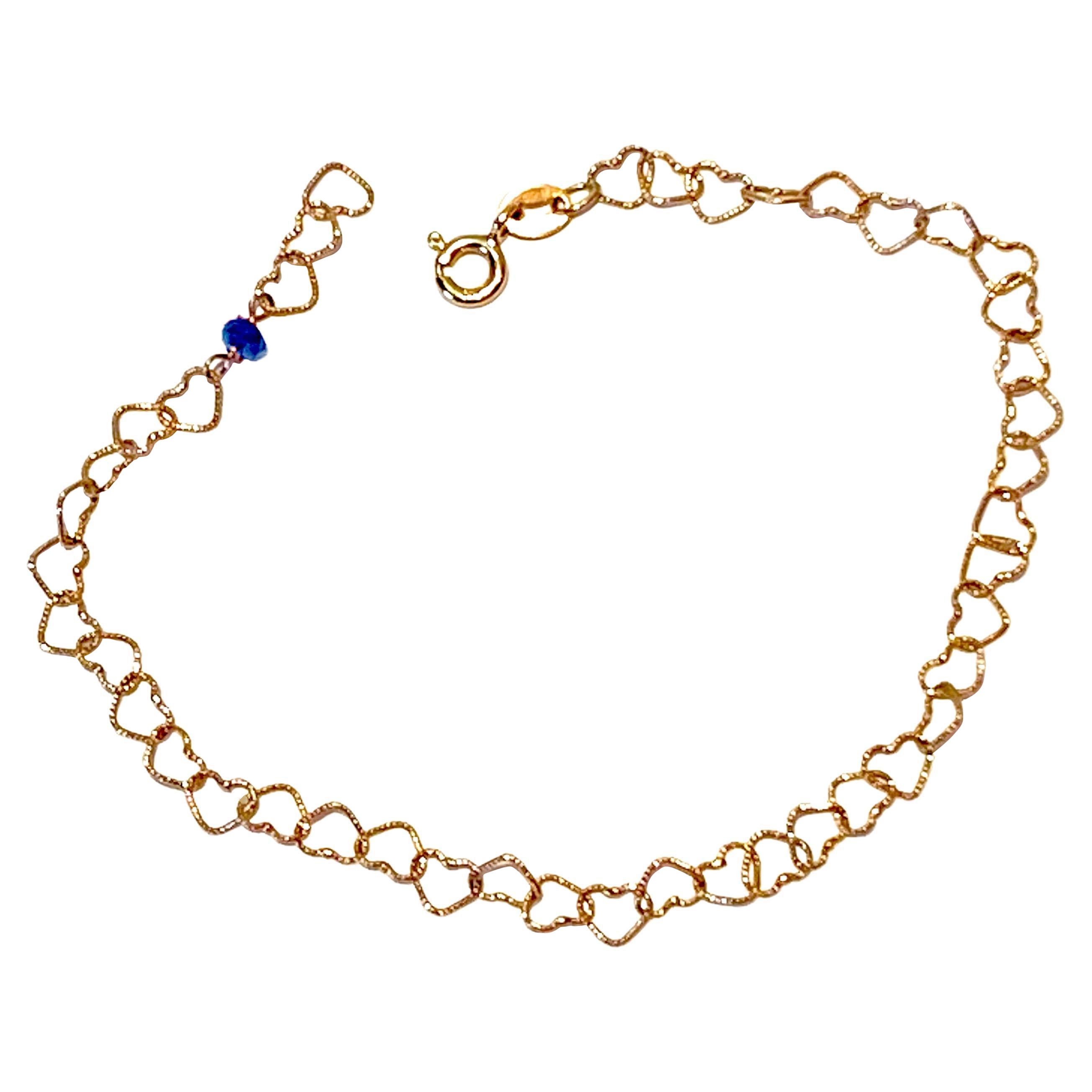 18 Karat Yellow Gold Sapphire Slightly Hammered Hearts Chain Man Bracelet