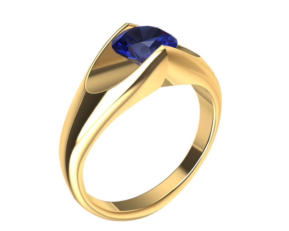 Round Cut 18 Karat Yellow Gold Sapphire Soft V Sculpture Ring For Sale