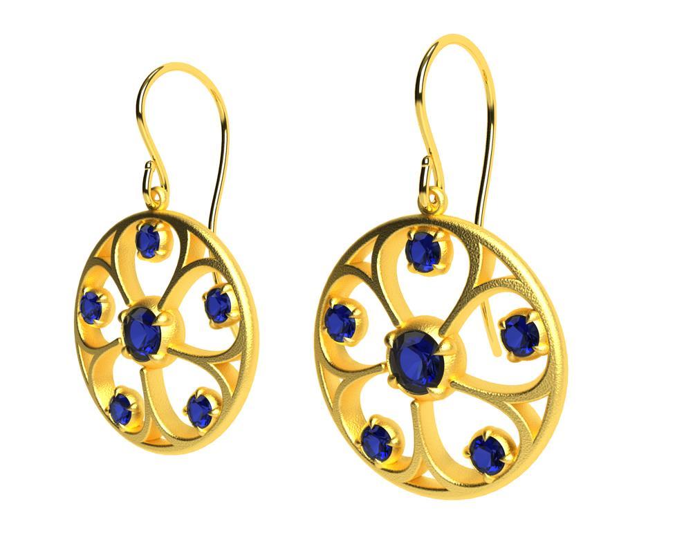 18 Karat Yellow Gold and Sapphires  5 Petal  Flower Earrings, From an early Arabesque style coming from circles. .68 carats total wt. 19 mm wide x 3.5 deep Matte and polished finish. Made to order in NYC,
 please allow 3- 4 weeks .