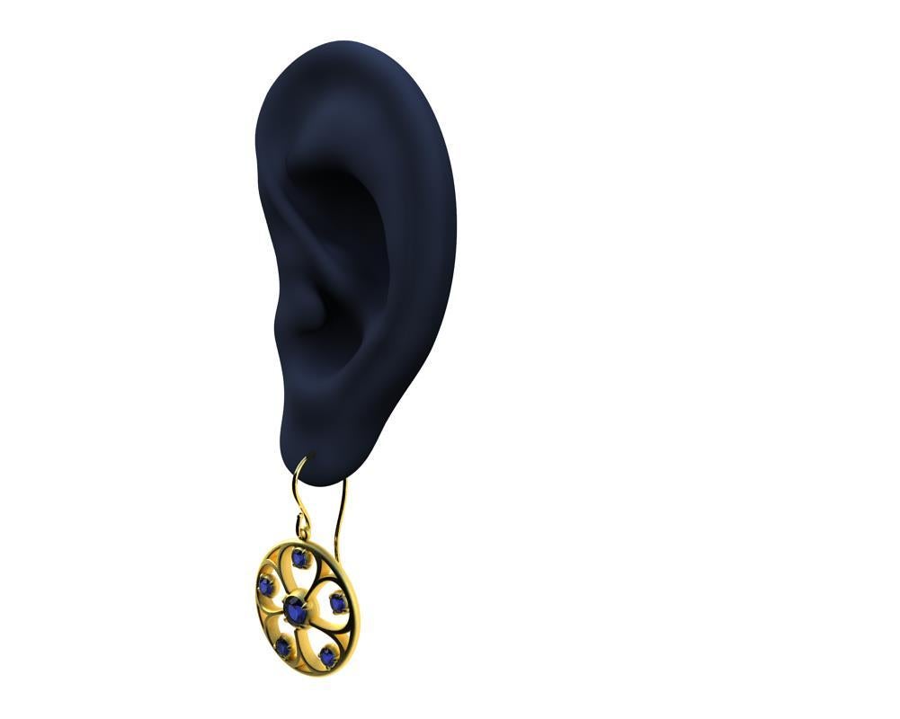 Round Cut 18 Karat Yellow Gold Sapphires 5 Petal Flower Earrings For Sale