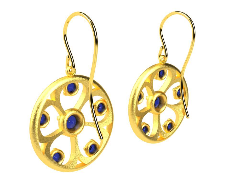 Women's 18 Karat Yellow Gold Sapphires 5 Petal Flower Earrings For Sale
