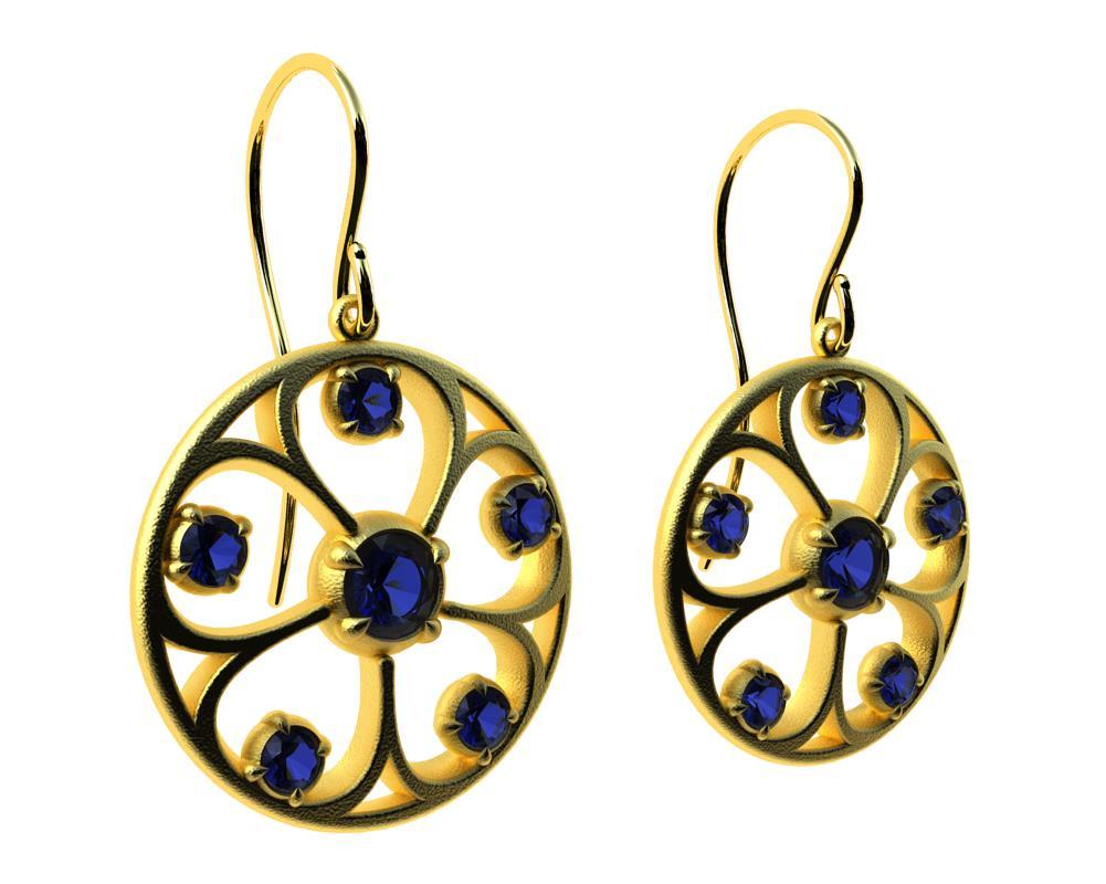18 Karat Yellow Gold Sapphires 5 Petal Flower Earrings For Sale 1
