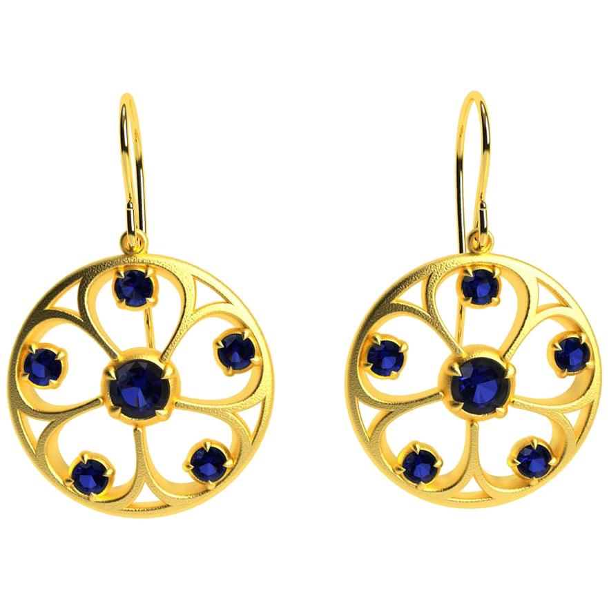 18 Karat Yellow Gold Sapphires 5 Petal Flower Earrings