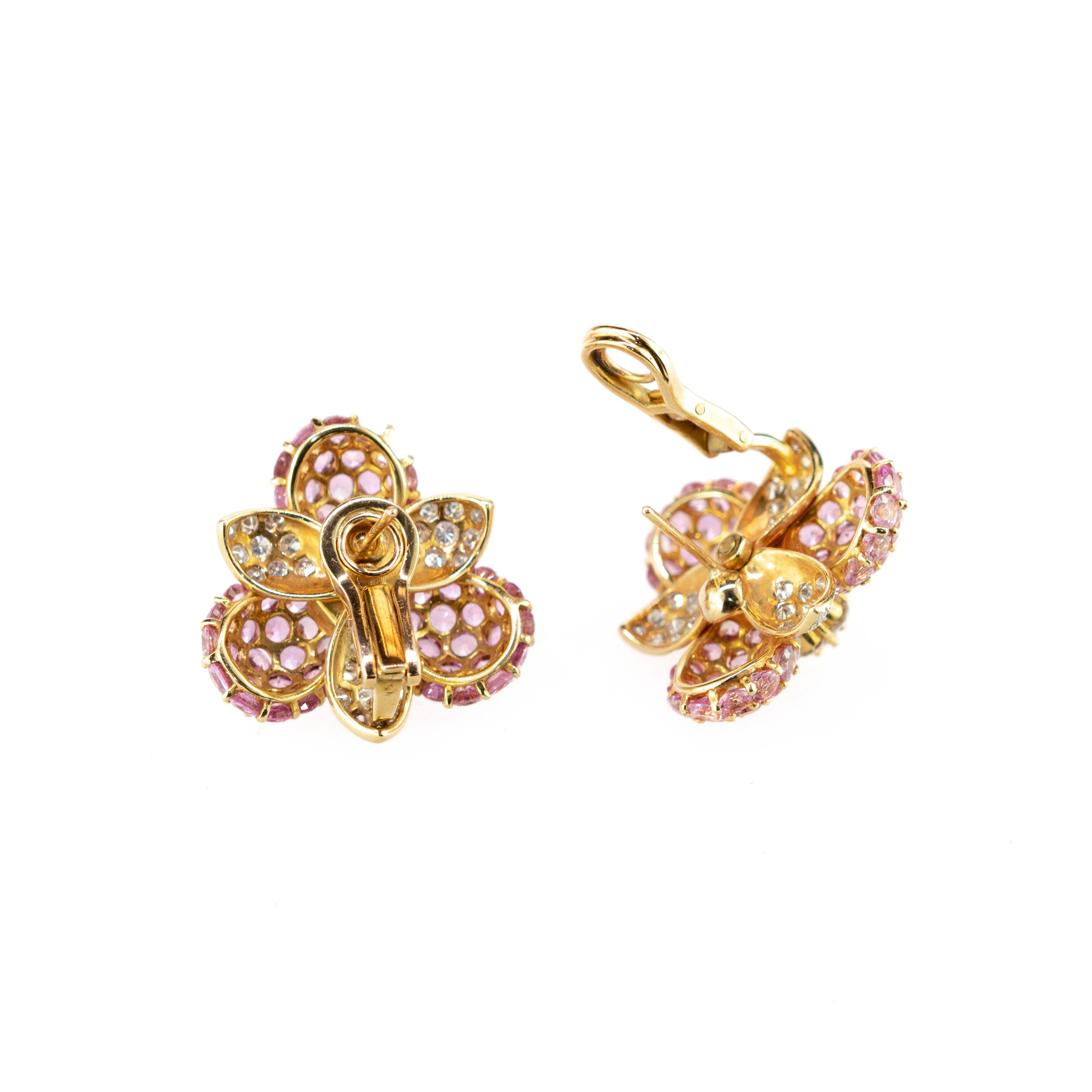 18 Karat Yellow Gold Sapphire Diamond Flower Romantic Stud Lever Back Earrings For Sale 4