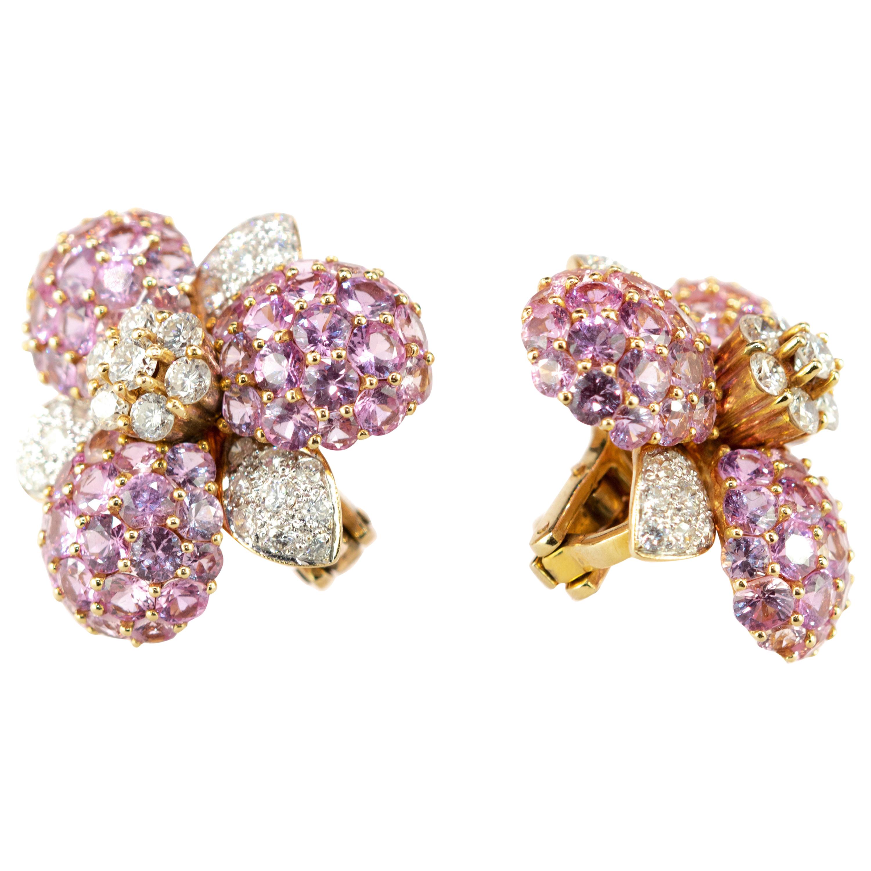 18 Karat Yellow Gold Sapphire Diamond Flower Romantic Stud Lever Back Earrings For Sale