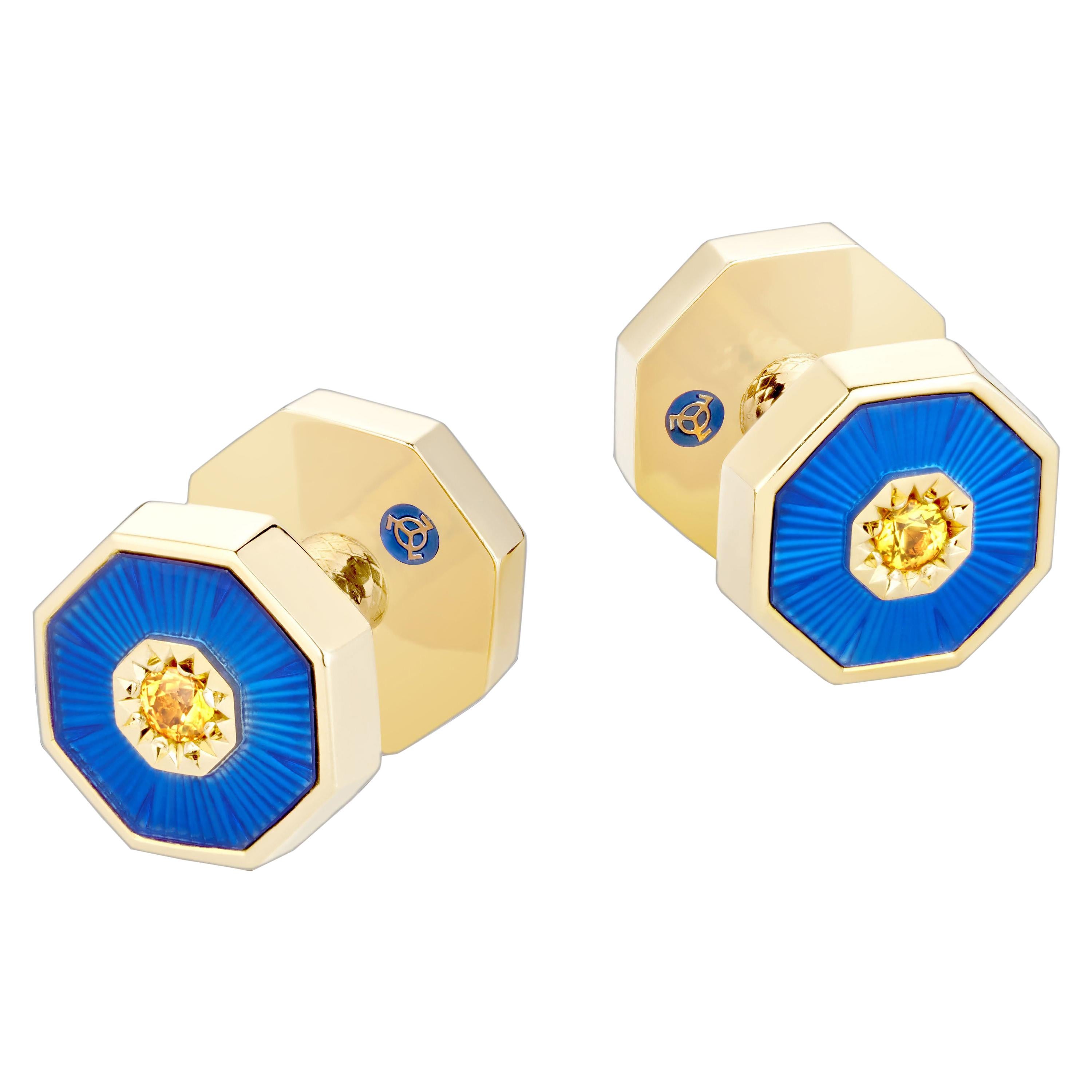 18 Karat Yellow Gold Sapphires Guilloche Enamel Dome Double-Sided Cufflinks For Sale