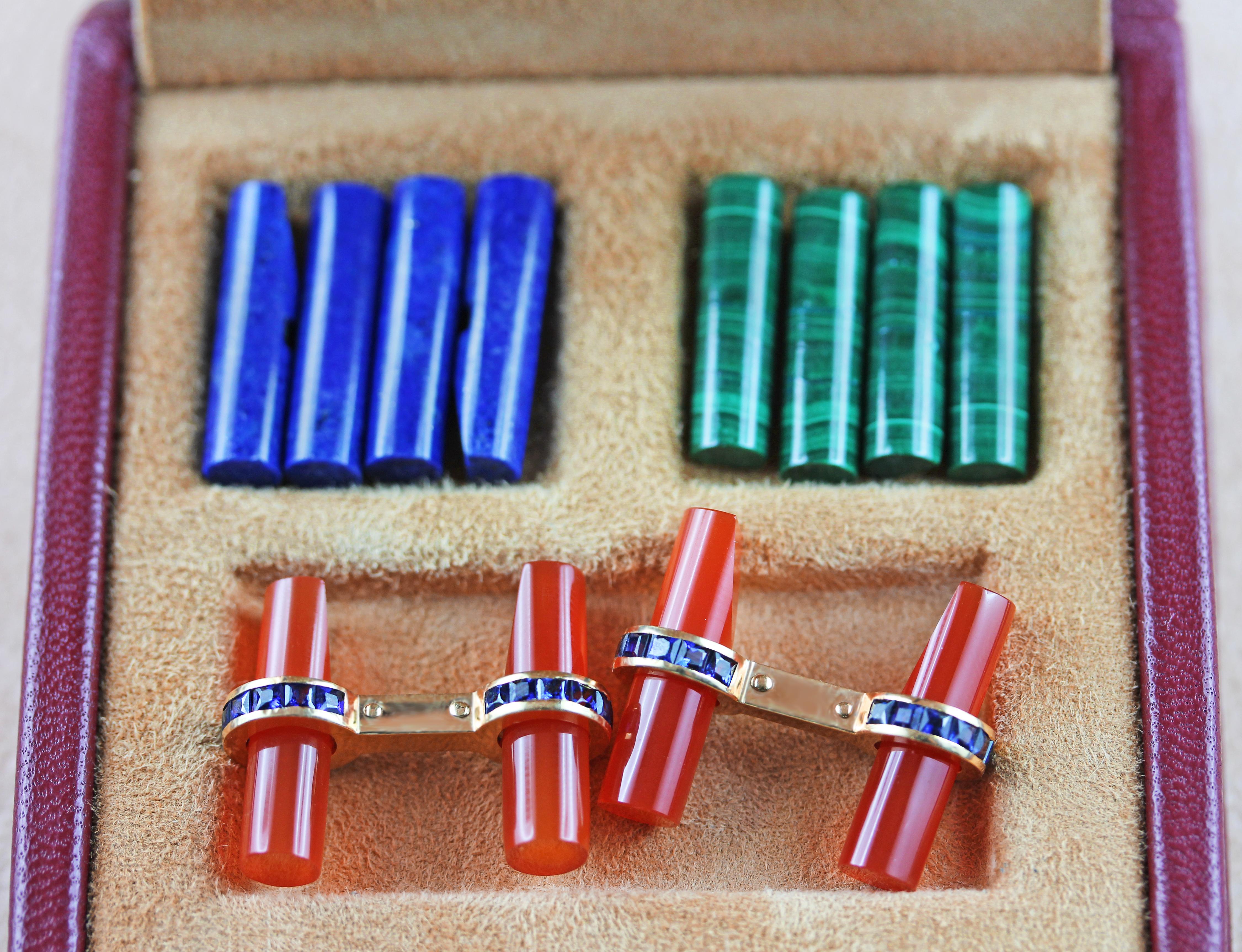 18 Karat Yellow Gold Sapphires Lapis Lazuli Malachite Turquoise Onyx Cufflinks In New Condition For Sale In Milano, IT