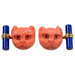 Oro giallo 18 carati Zaffiri Mediterraneo Corallo Gatto Lapislazzuli Gemelli da polso