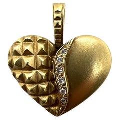 18 Karat Yellow Gold Satin Finish Diamond Heart Pendant Enhancer Modern