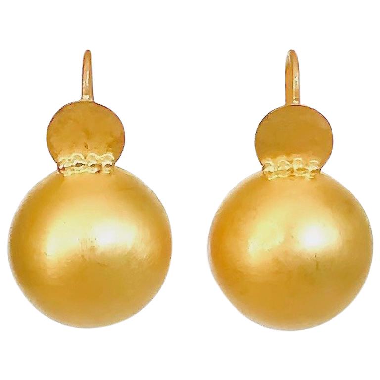 Handmade 18 Karat Solid Yellow Gold Satin Finish Hook Drop Earrings For Sale