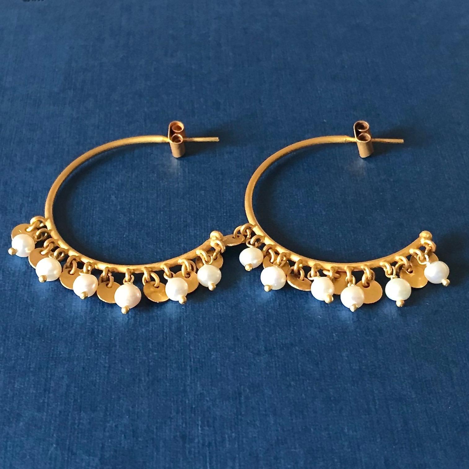 Women's Handmade 18 Karat Solid Yellow Gold Satin Finish Pearl Hoop Earrings  For Sale