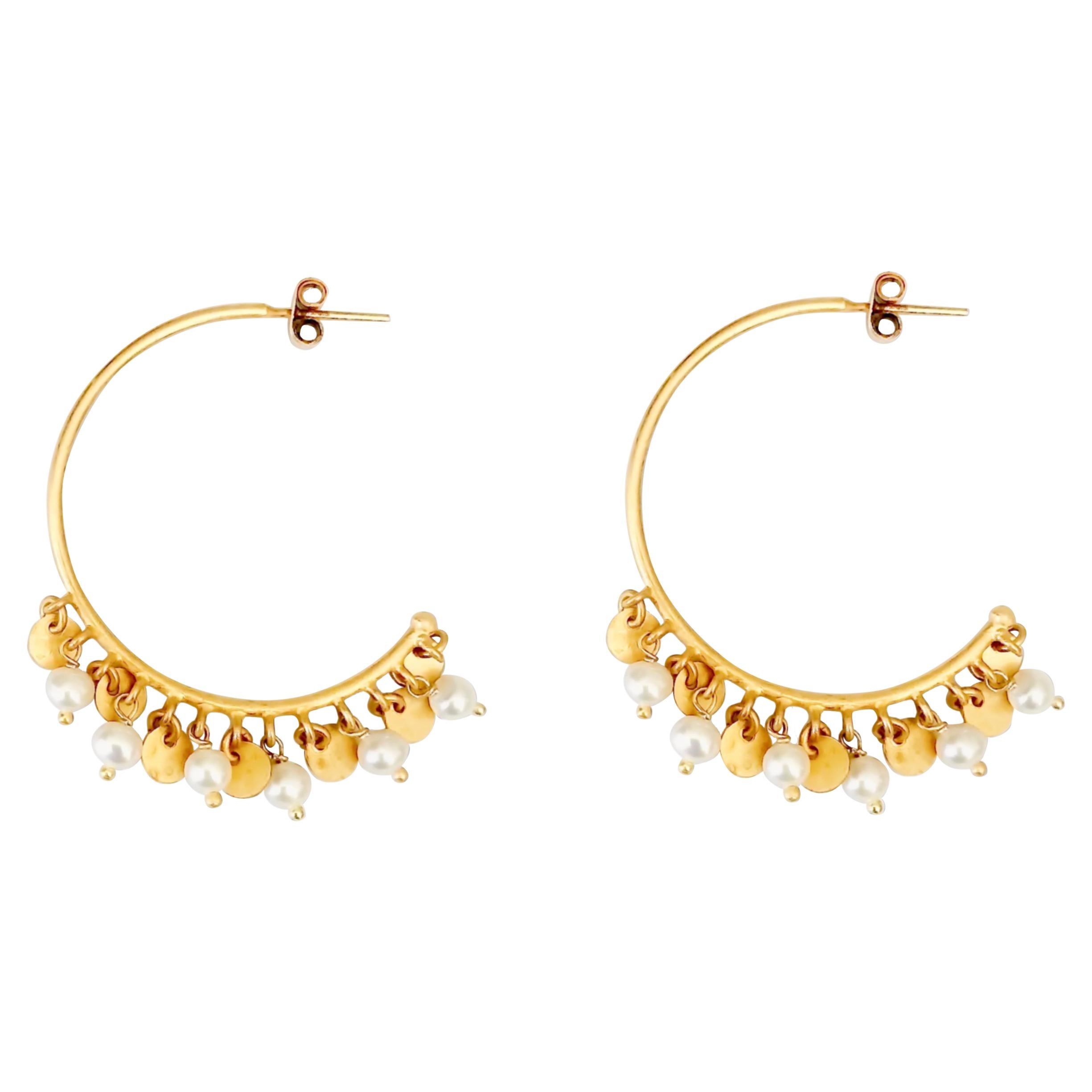Handmade 18 Karat Solid Yellow Gold Satin Finish Pearl Hoop Earrings  For Sale