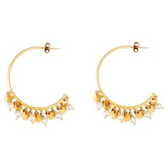 Handmade 18 Karat Solid Yellow Gold Satin Finish Pearl Hoop Earrings Handmade 18 Karat Solid Yellow Gold Satin Finish Pearl Hoop Earrings