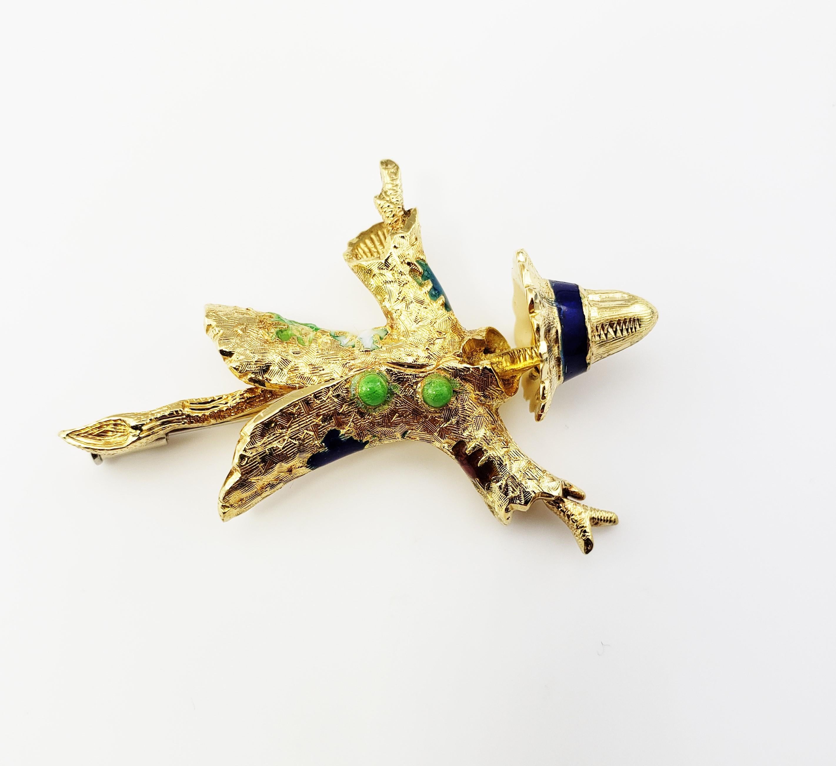 Vintage 18 Karat Yellow Gold Scarecrow Brooch / Pin

This stunning brooch features a beautifully detailed scarecrow with articulated hat crafted in elegant 18K yellow gold. Accented with colorful enamel.

Size: 41 mm x 32 mm

Weight: 5.7 dwt. / 9.0