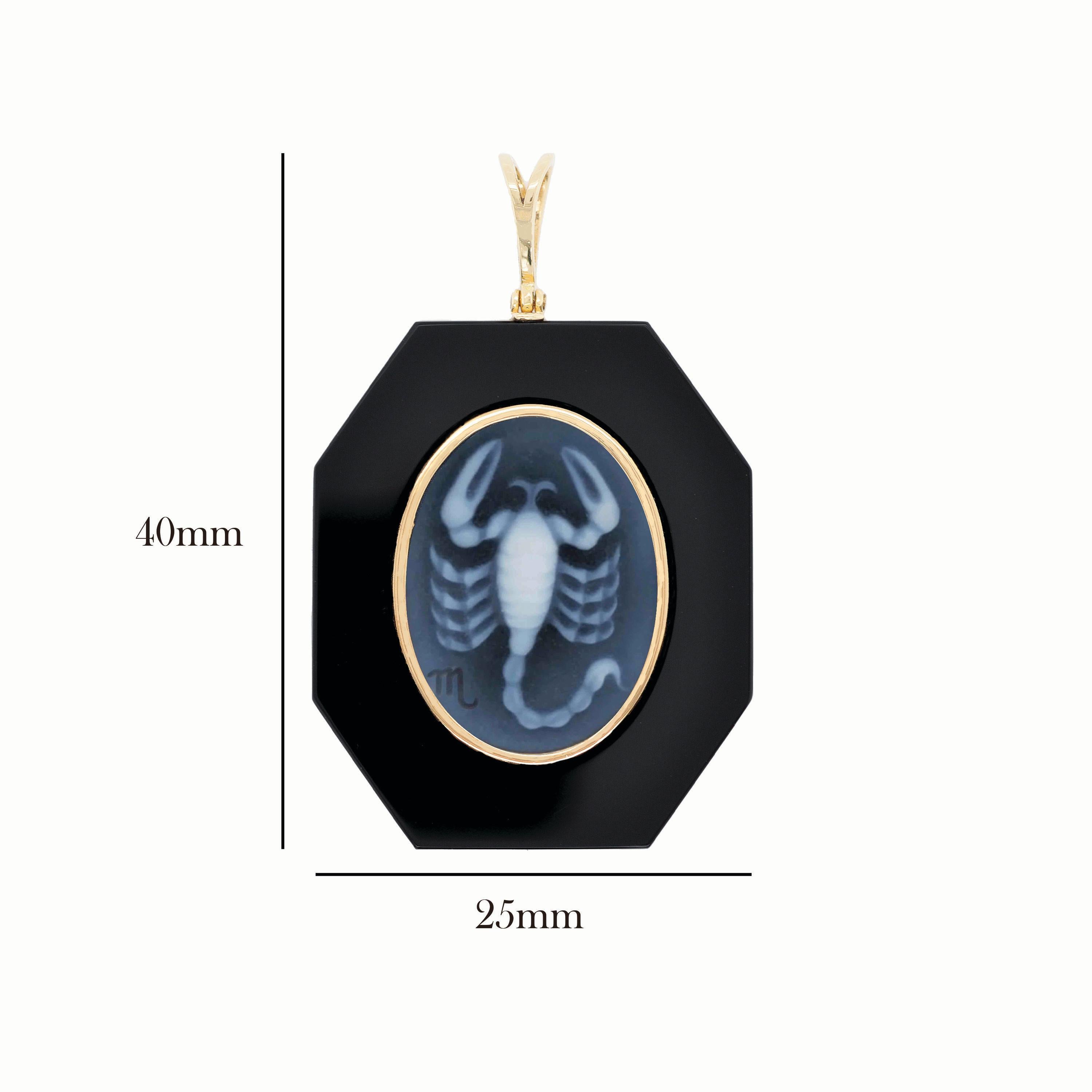 Collier pendentif en or jaune 18 carats Agate Camée Onyx noir Scorpion Zodiac en vente 2