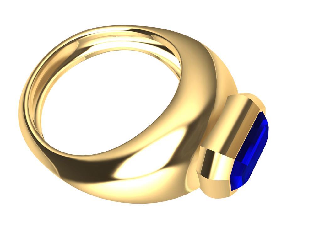 For Sale:  18 Karat Yellow Gold Sculpture Ring with 2.54 Carat Emerald Cut Blue Sapphire 2