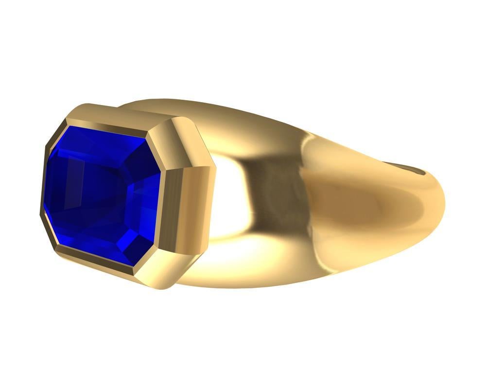 For Sale:  18 Karat Yellow Gold Sculpture Ring with 2.54 Carat Emerald Cut Blue Sapphire 4