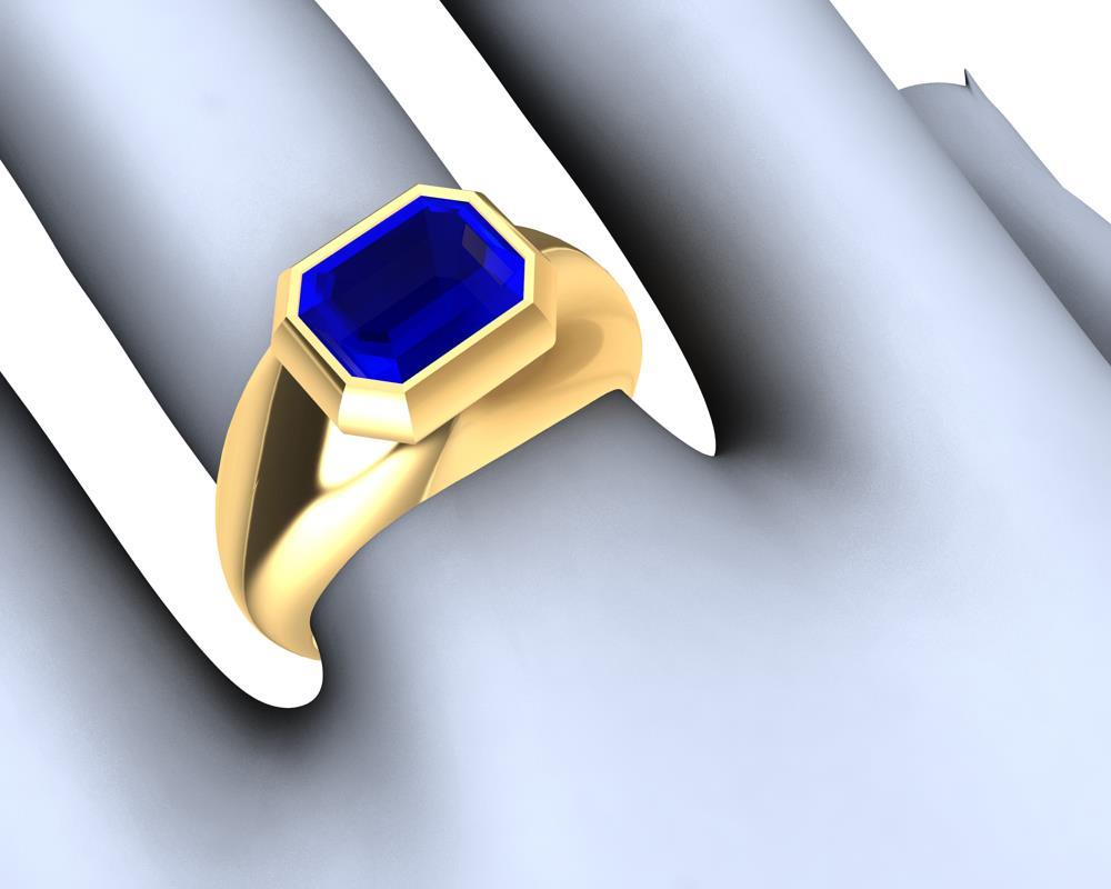 For Sale:  18 Karat Yellow Gold Sculpture Ring with 2.54 Carat Emerald Cut Blue Sapphire 6
