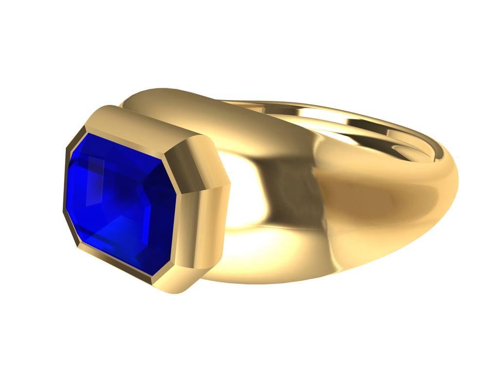 For Sale:  18 Karat Yellow Gold Sculpture Ring with 2.54 Carat Emerald Cut Blue Sapphire 8