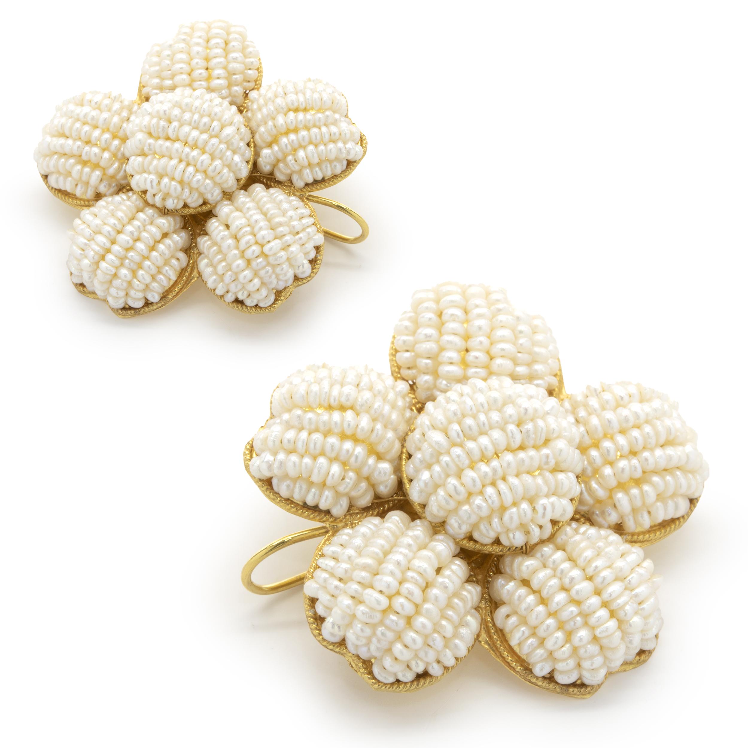 Round Cut 18 Karat Yellow Gold Seed Pearl Flower Earrings For Sale