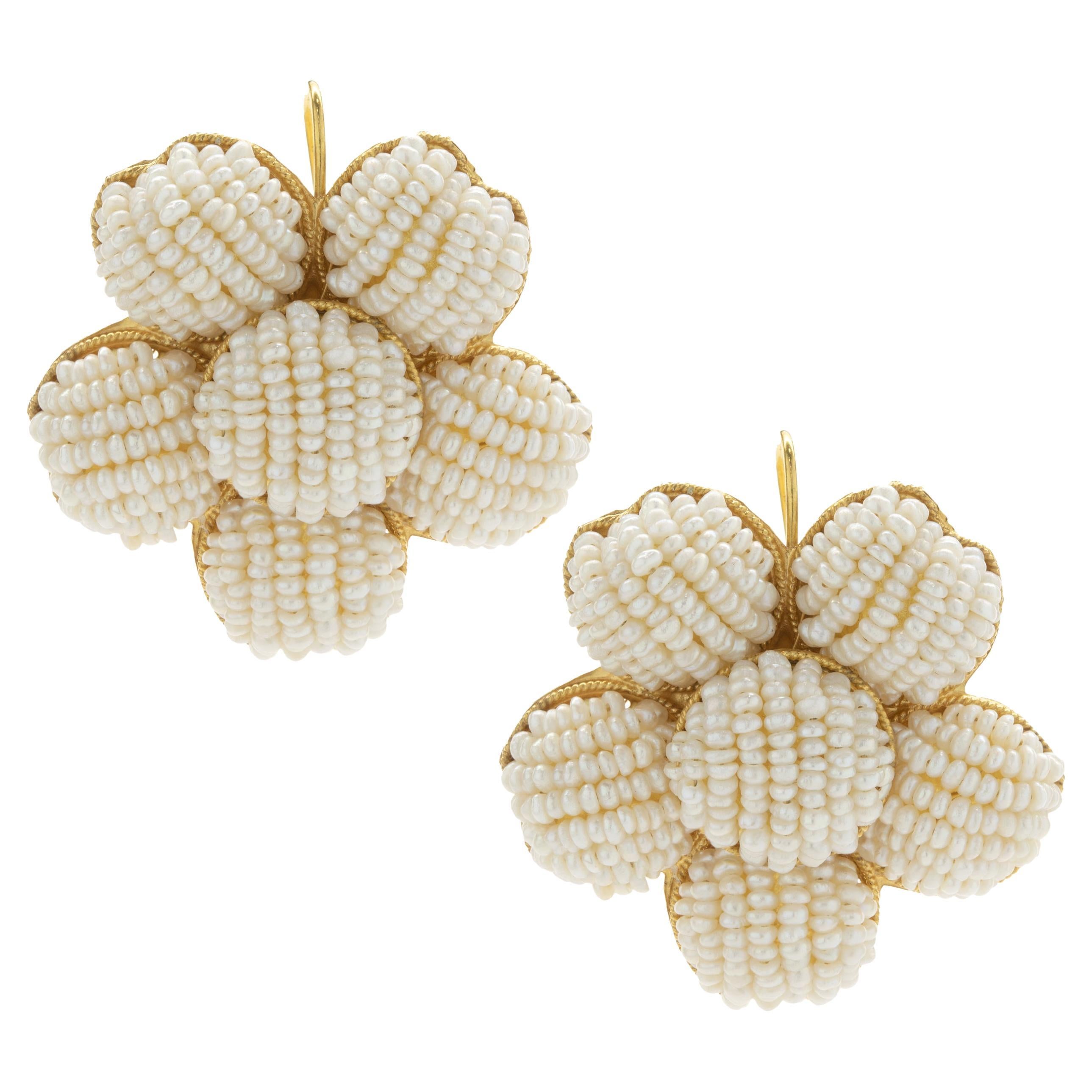 18 Karat Yellow Gold Seed Pearl Flower Earrings For Sale