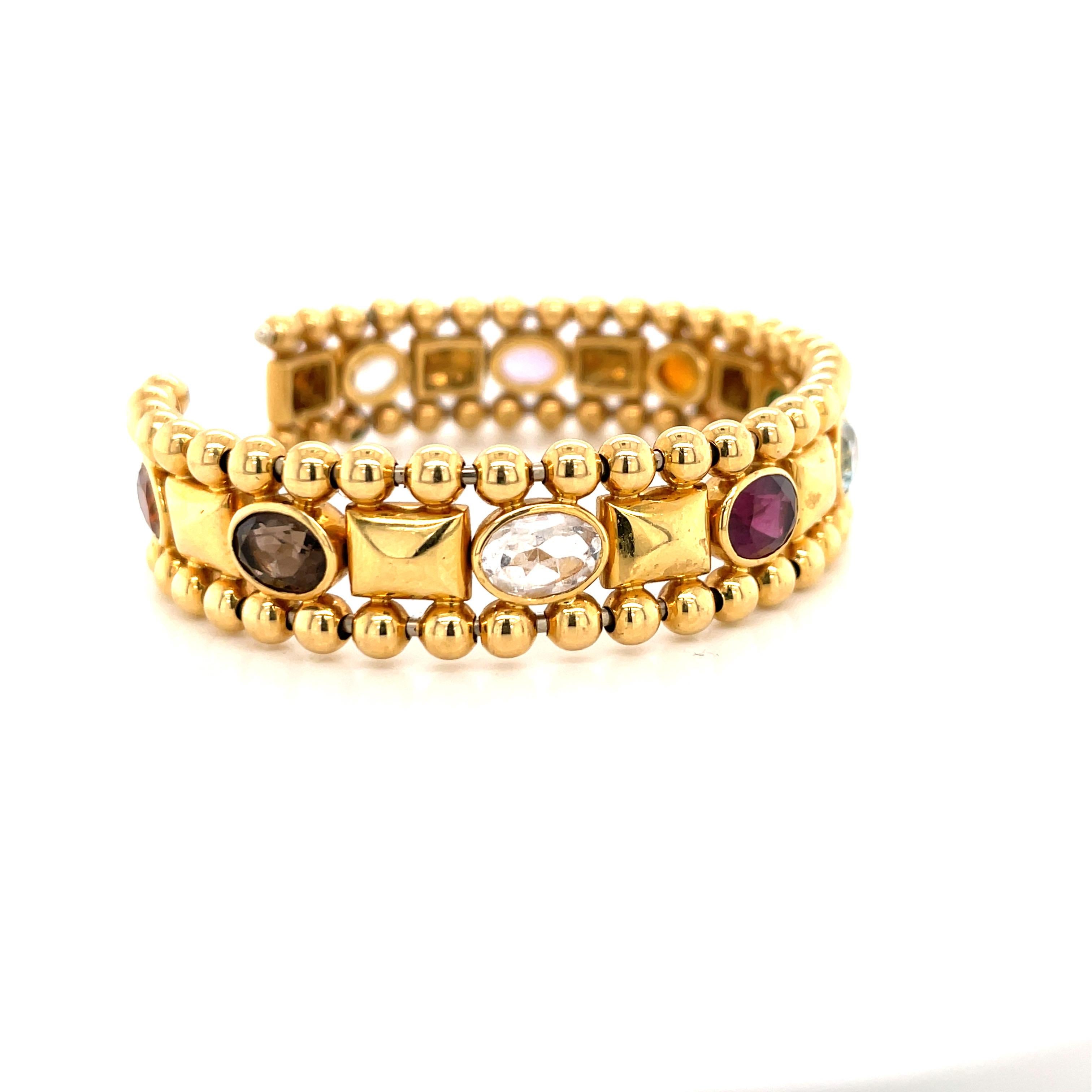 18 Karat Yellow Gold Semi-Precious Gemstone Cuff Bracelet 45.2 Grams In Excellent Condition In New York, NY