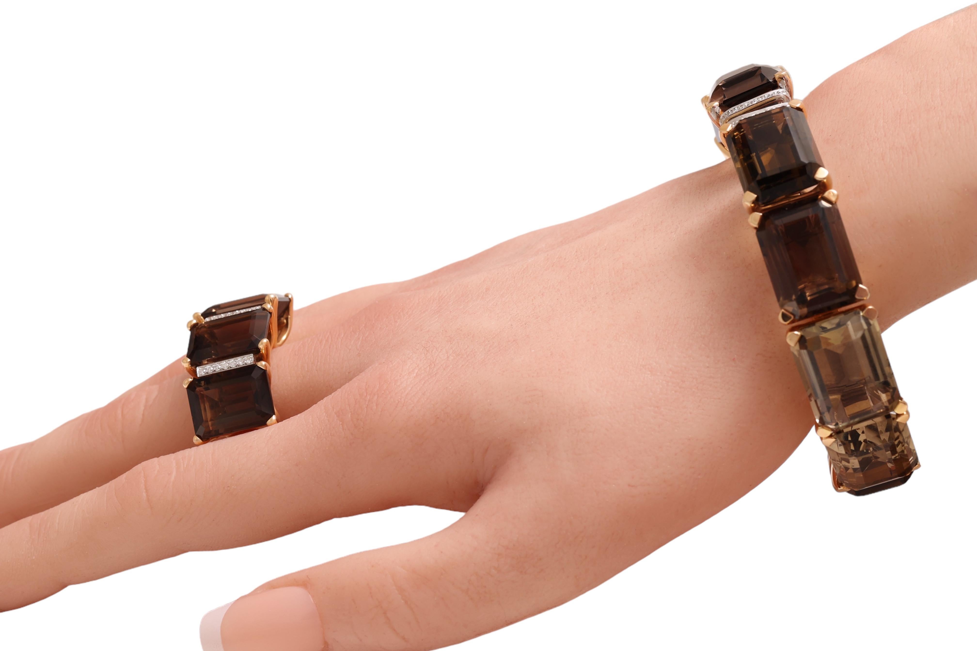 18 Karat Yellow Gold Set Ring, Earrings, Bracelet with Smoky Quartz, Diamonds For Sale 10