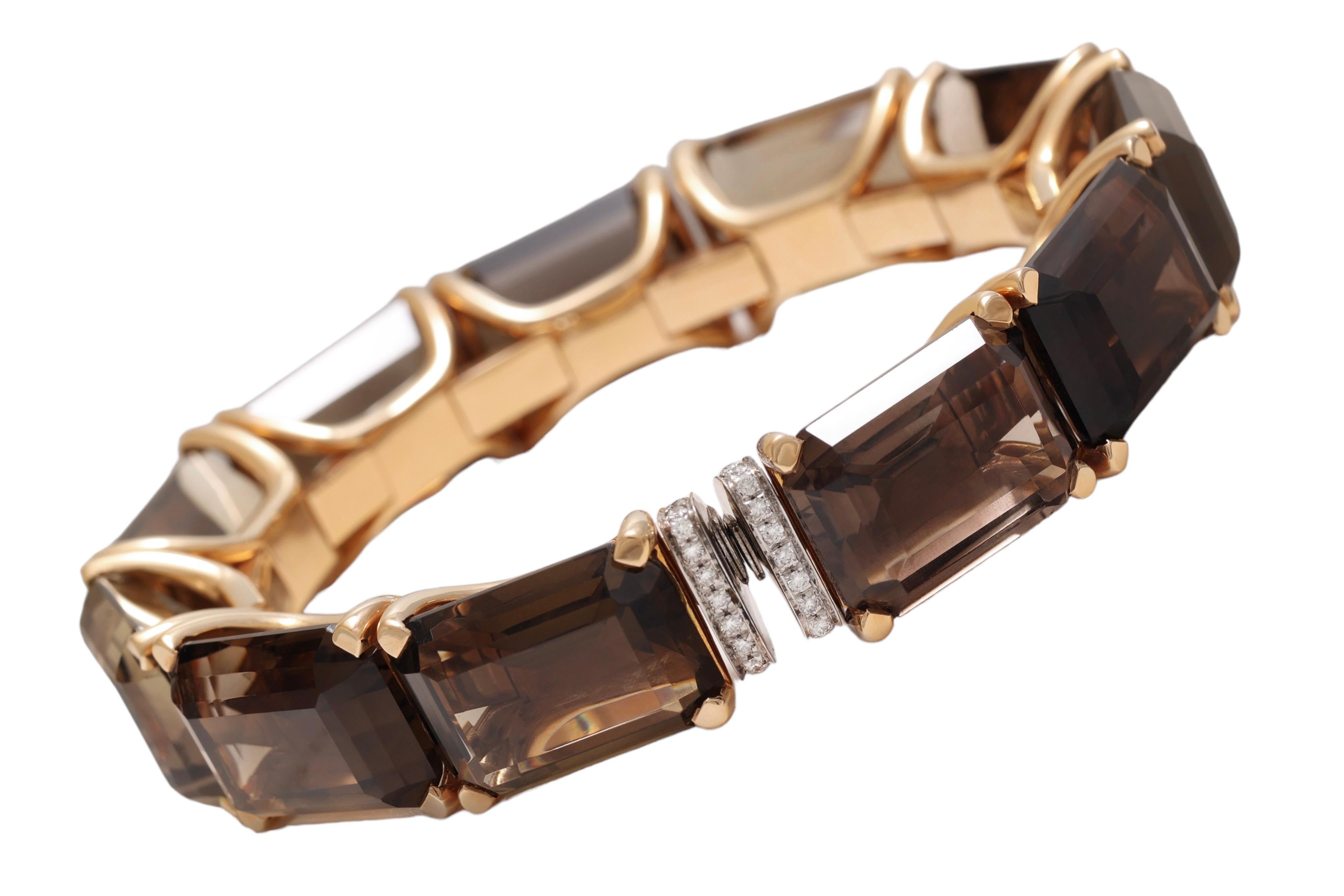 Artisan 18 Karat Yellow Gold Set Ring, Earrings, Bracelet with Smoky Quartz, Diamonds For Sale