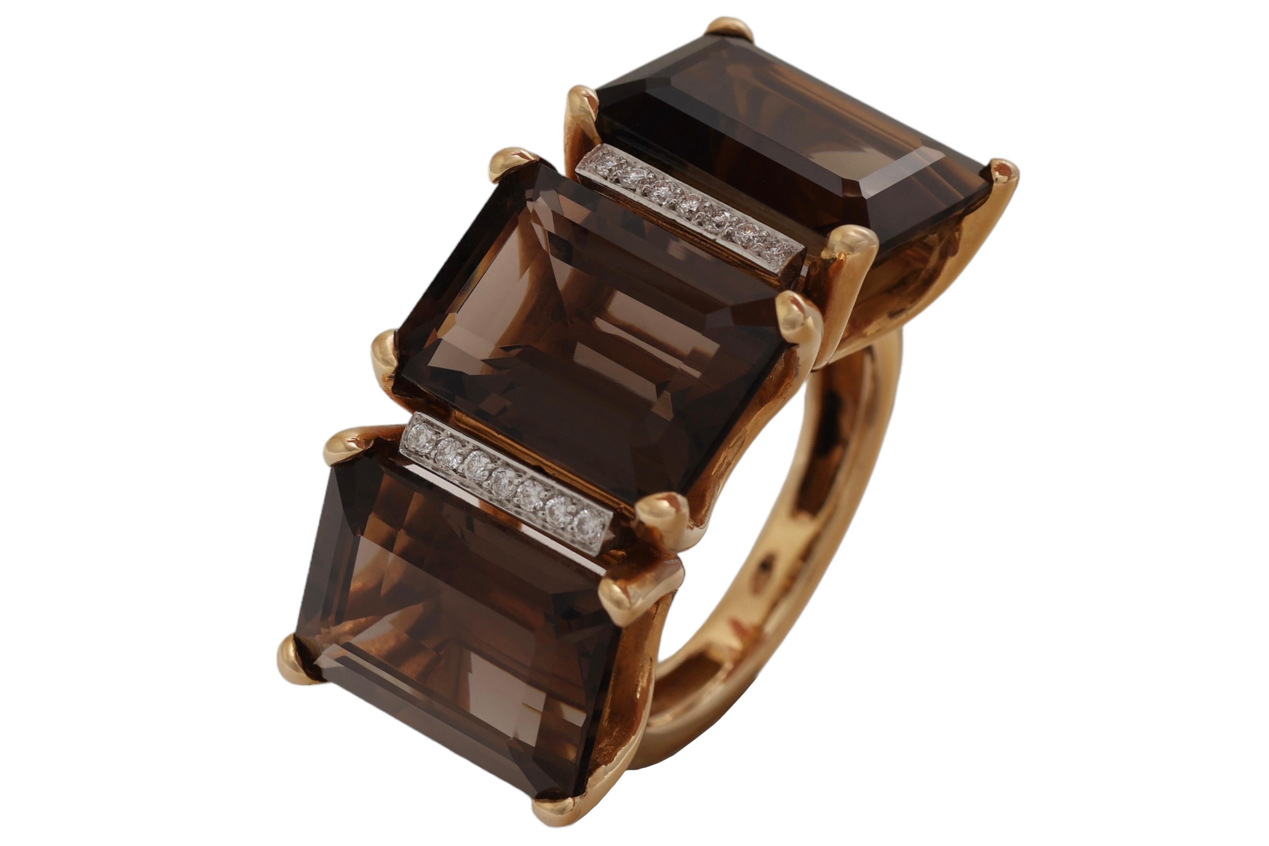 18 Karat Yellow Gold Set Ring, Earrings, Bracelet with Smoky Quartz, Diamonds For Sale 1
