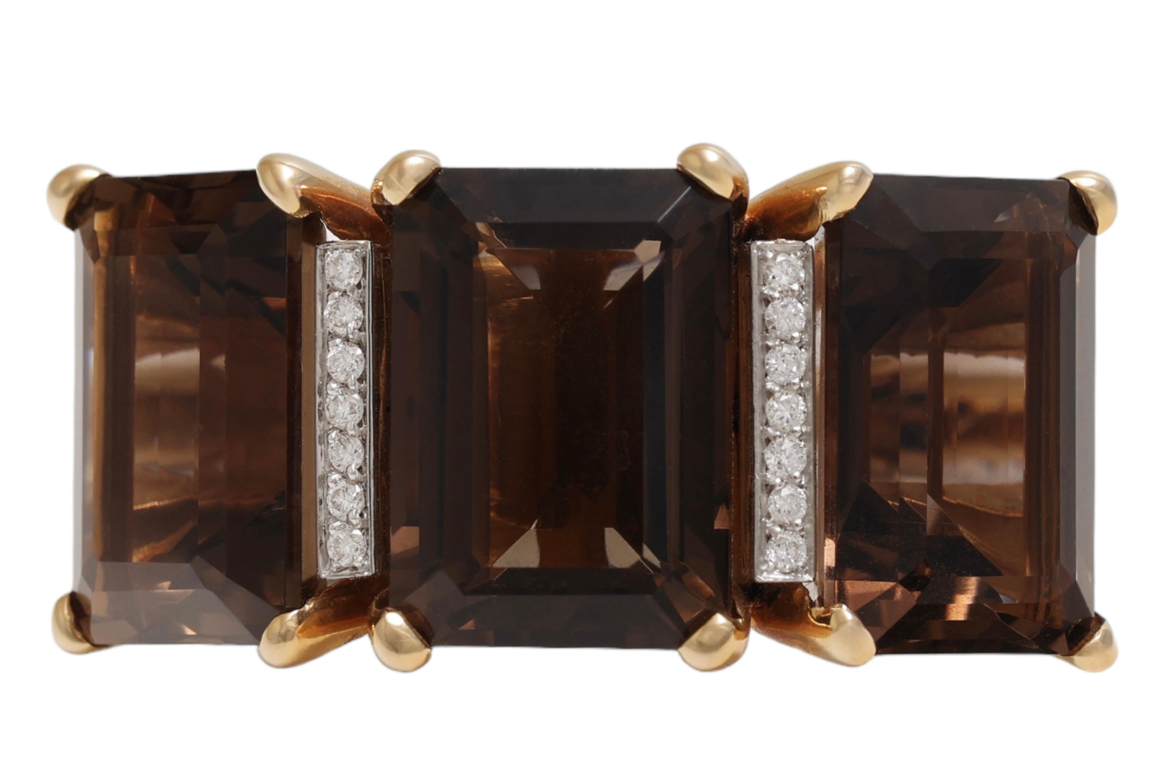18 Karat Yellow Gold Set Ring, Earrings, Bracelet with Smoky Quartz, Diamonds For Sale 3