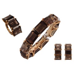 18 Karat Yellow Gold Set Ring, Earrings, Bracelet with Smoky Quartz, Diamonds