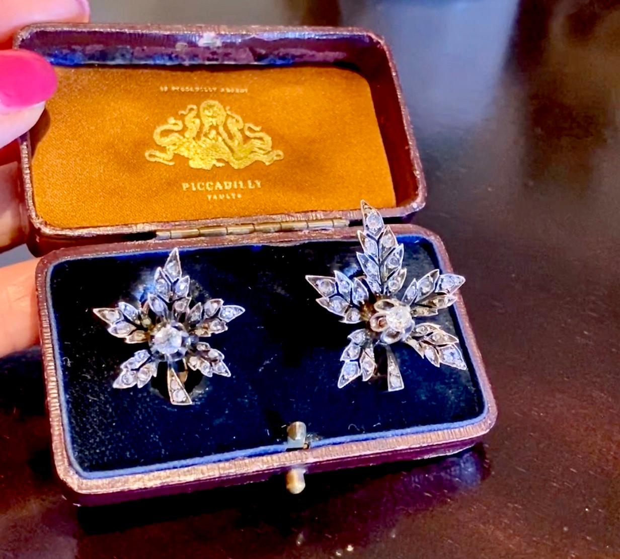 18 Karat Yellow Gold & Silver Antique Leaf Old Mine Cut Diamond Earrings For Sale 6