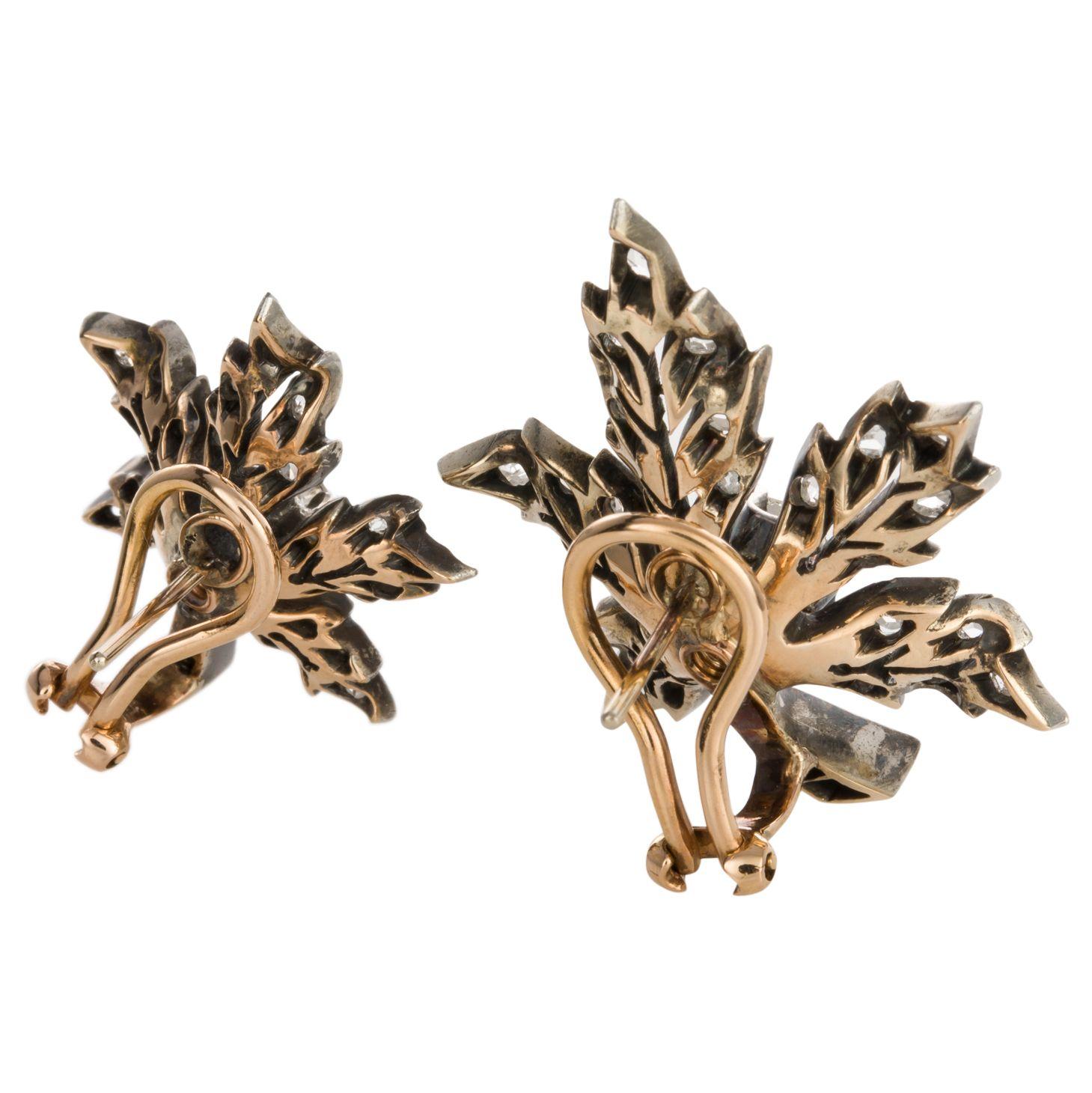 Victorian 18 Karat Yellow Gold & Silver Antique Leaf Old Mine Cut Diamond Earrings For Sale