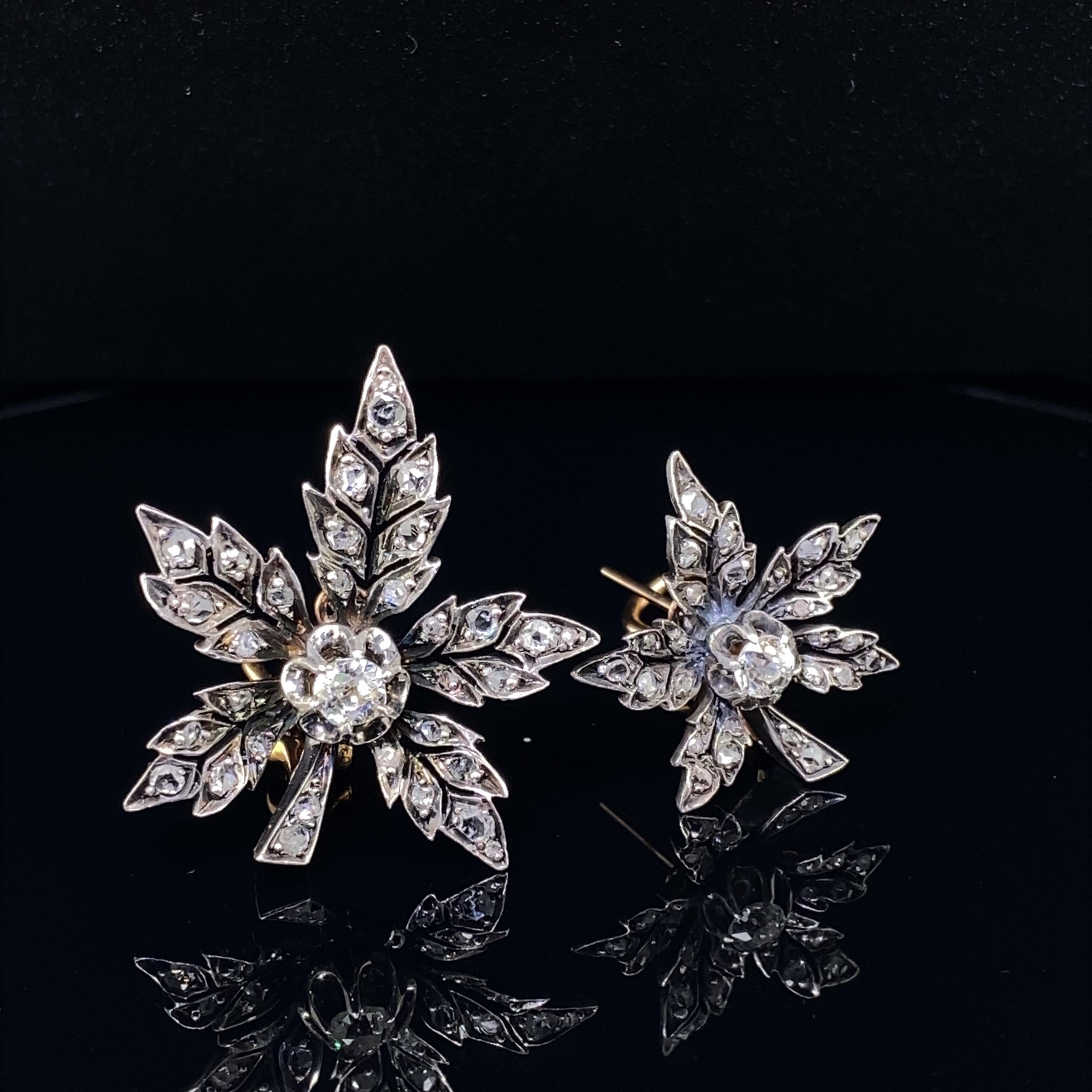 18 Karat Yellow Gold & Silver Antique Leaf Old Mine Cut Diamond Earrings For Sale 3