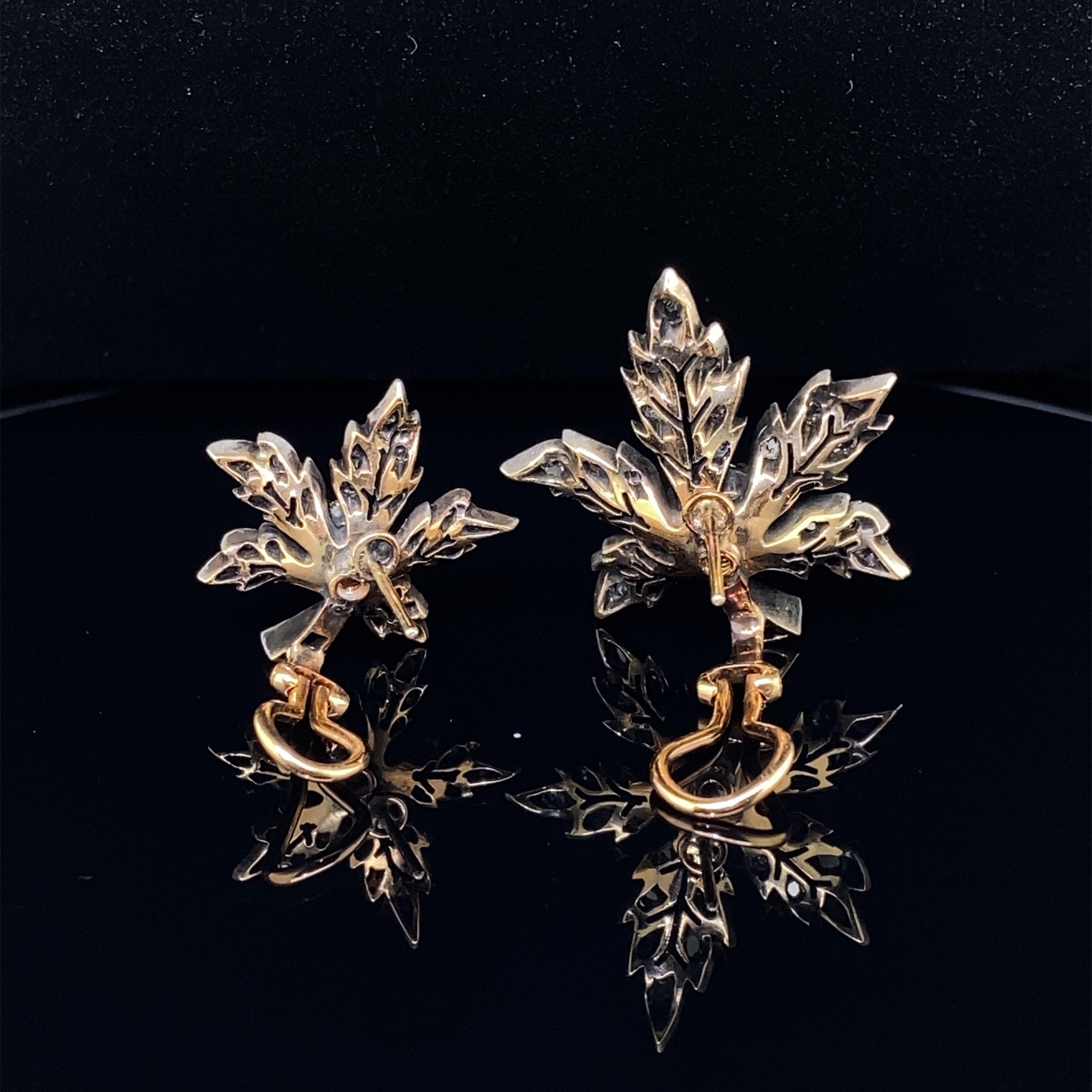 18 Karat Yellow Gold & Silver Antique Leaf Old Mine Cut Diamond Earrings For Sale 4