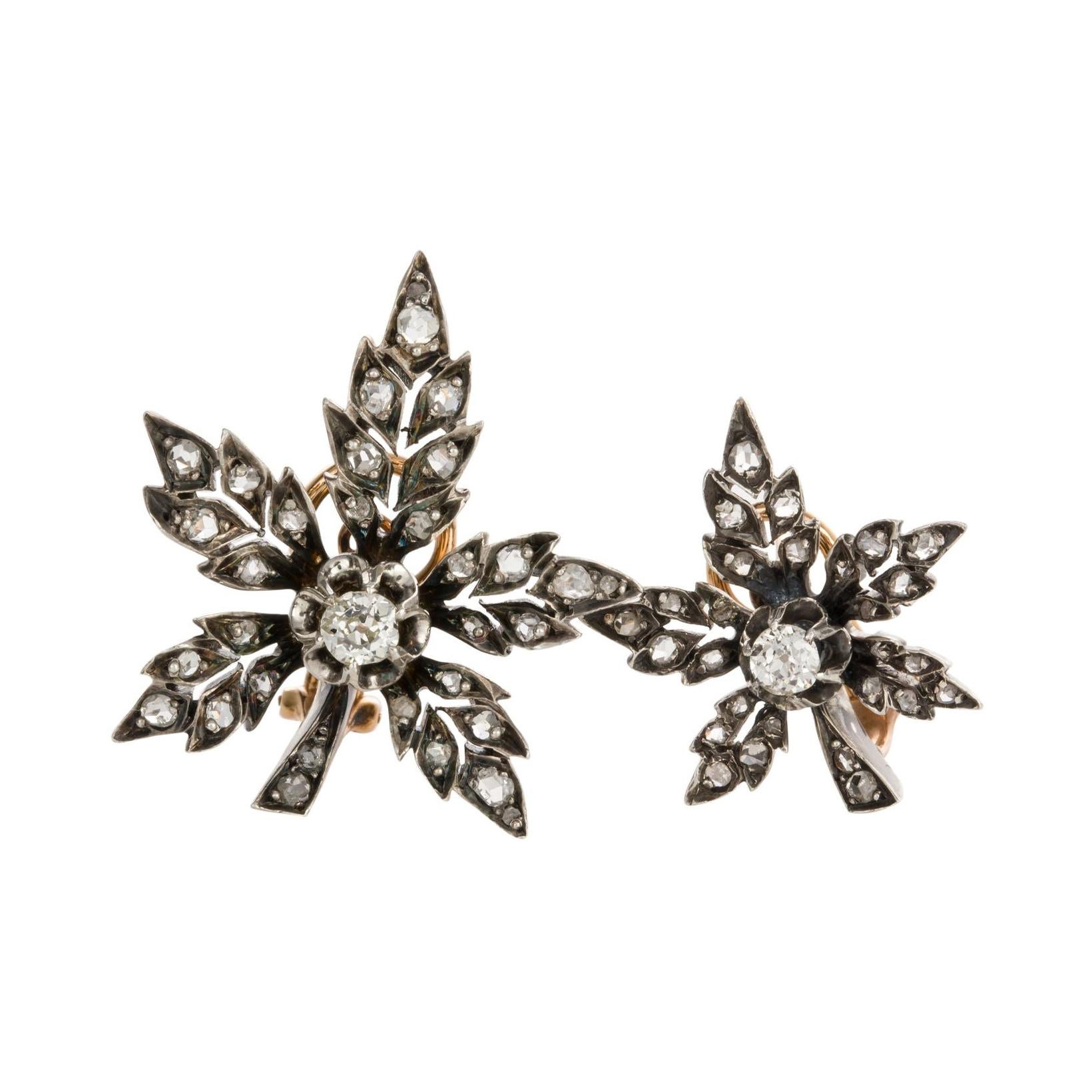 18 Karat Yellow Gold & Silver Antique Leaf Old Mine Cut Diamond Earrings For Sale