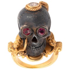 18 Karat Yellow Gold Silver Blackened Ruby and Diamond Skull Ring by Codognato