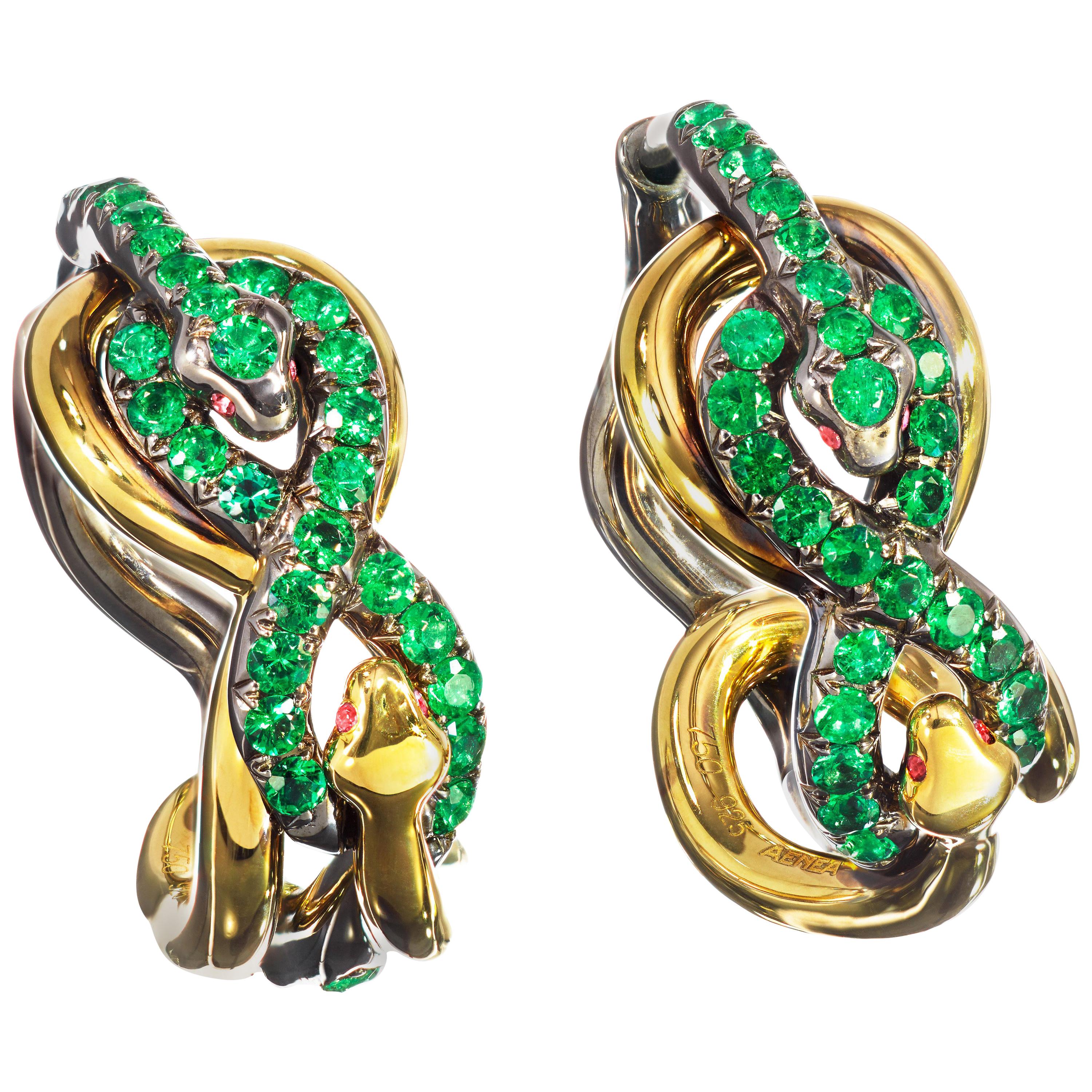 18 Karat Yellow Gold Silver Emeralds Rubies Earrings Aenea For Sale