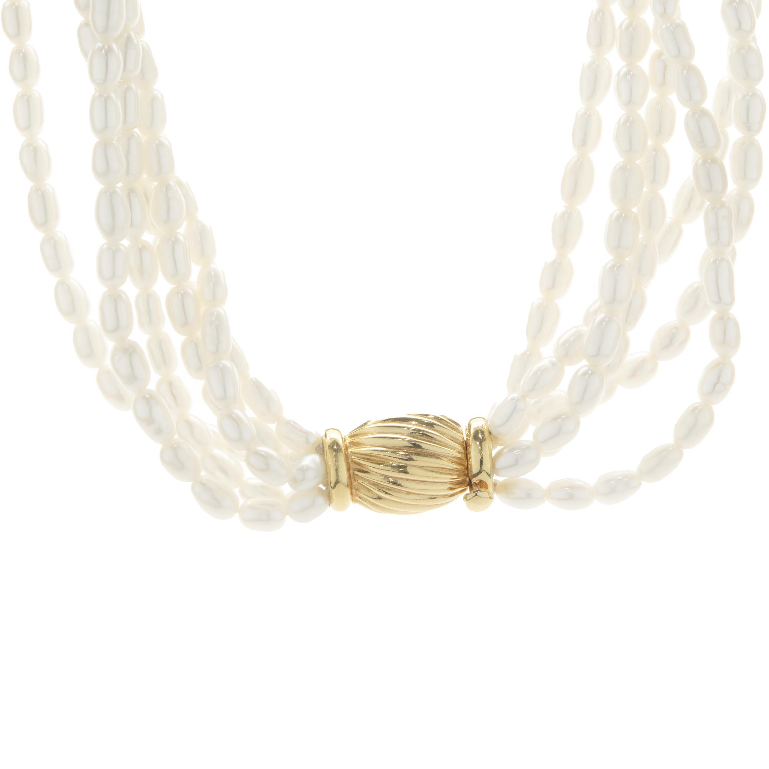 Uncut 18 Karat Yellow Gold Six Strand Potato Pearl Necklace For Sale