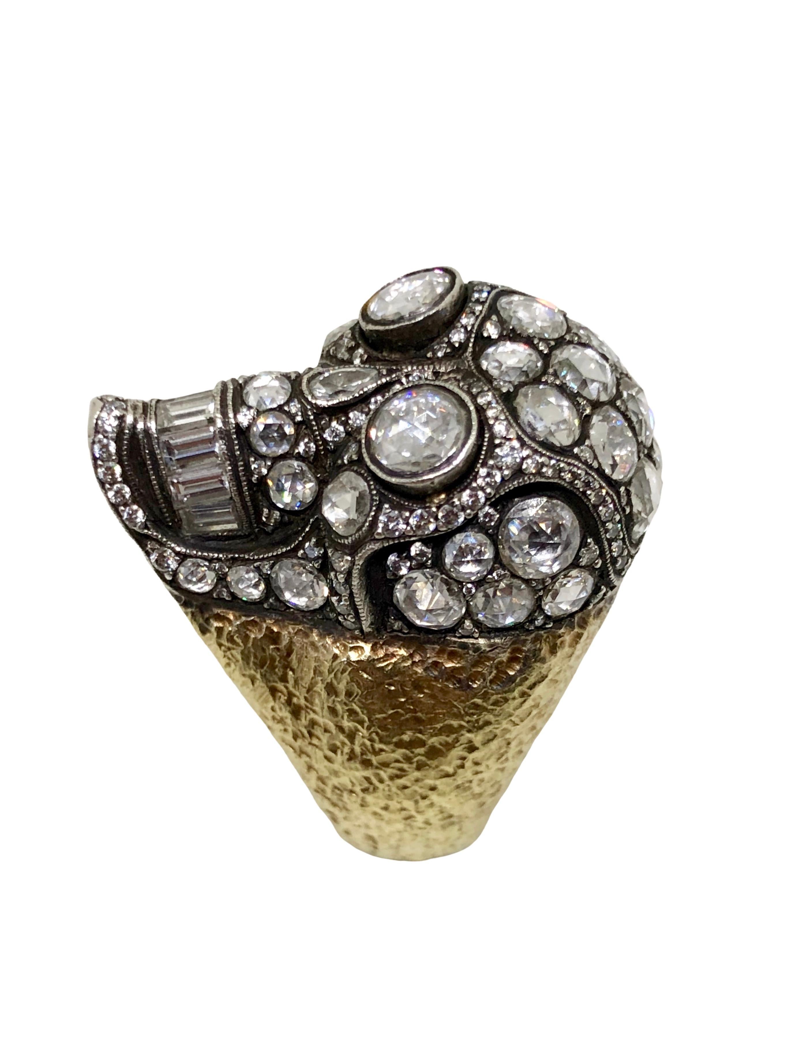 Modern 18 Karat Yellow Gold Skull Ring with 7.05 Carat White Diamonds For Sale