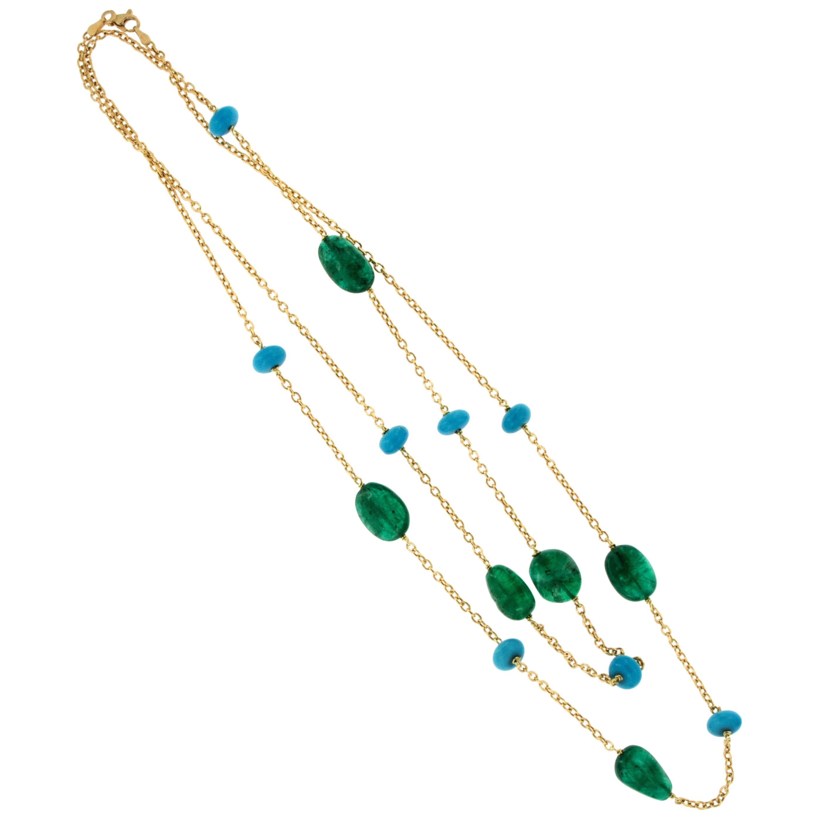 18 Karat Yellow Gold Sleeping Beauty Turquoise and Emerald Necklace by Goshwara